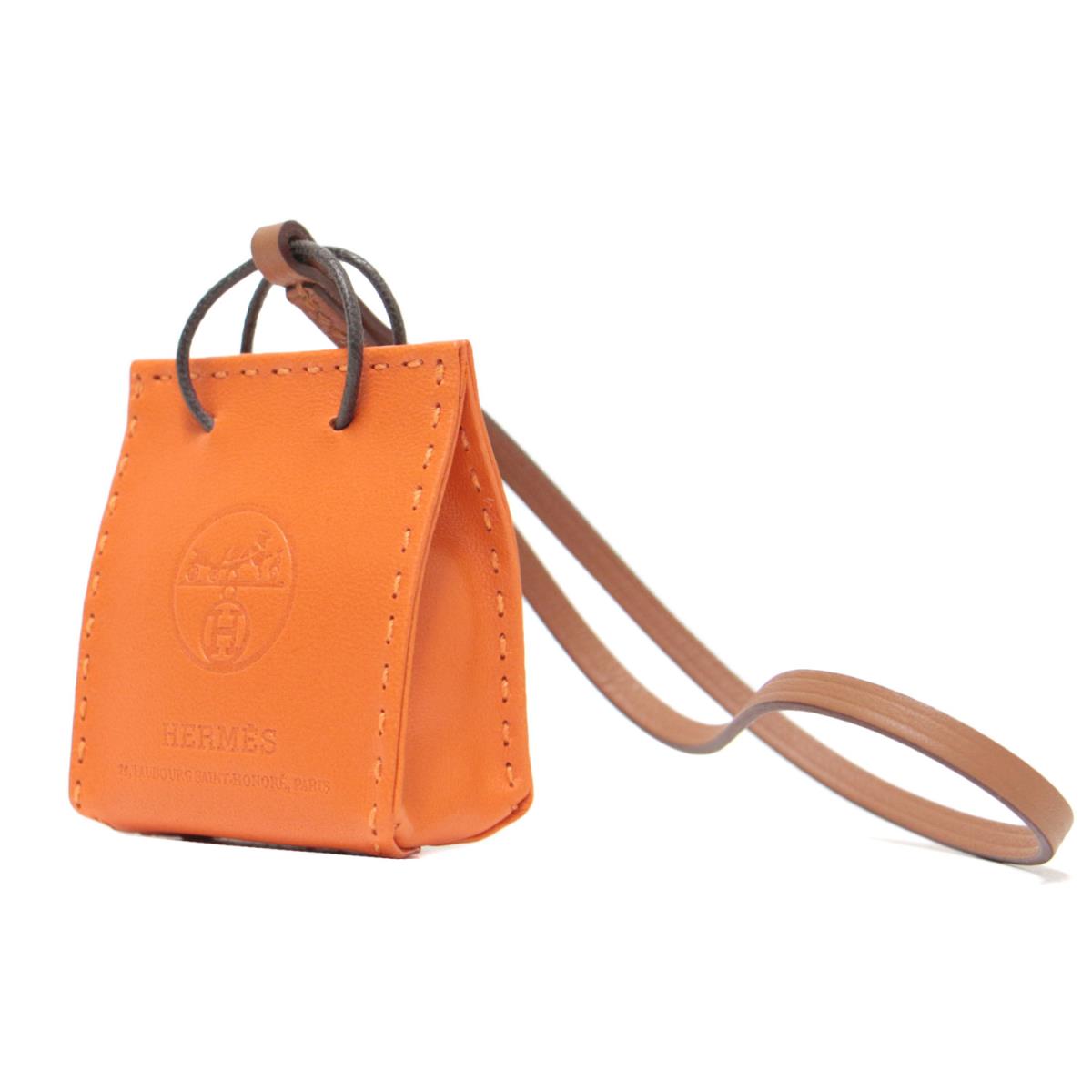 HERMES エルメス チャーム バッグチャーム ストラップ ショッパー ミニチュア ロゴ SAC ORANGE レザー オレンジ 橙 【レディース】【K4075】