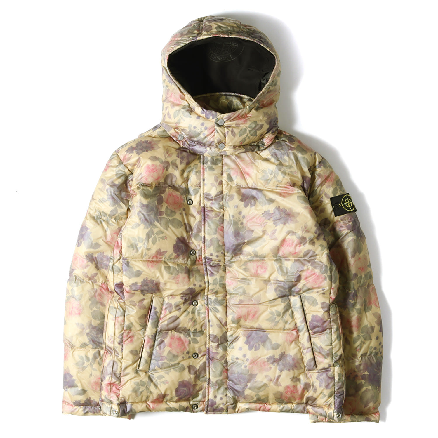 Supreme シュプリーム ジャケット Stone Island ストーンアイランド フラワー柄 ラミーカバー パフィー ダウンジャケット Lamy Cover Stampato Puffy Jacket 17AW コッパー L アウター ブルゾン コラボ【メンズ】【中古】【美品】【K3583】