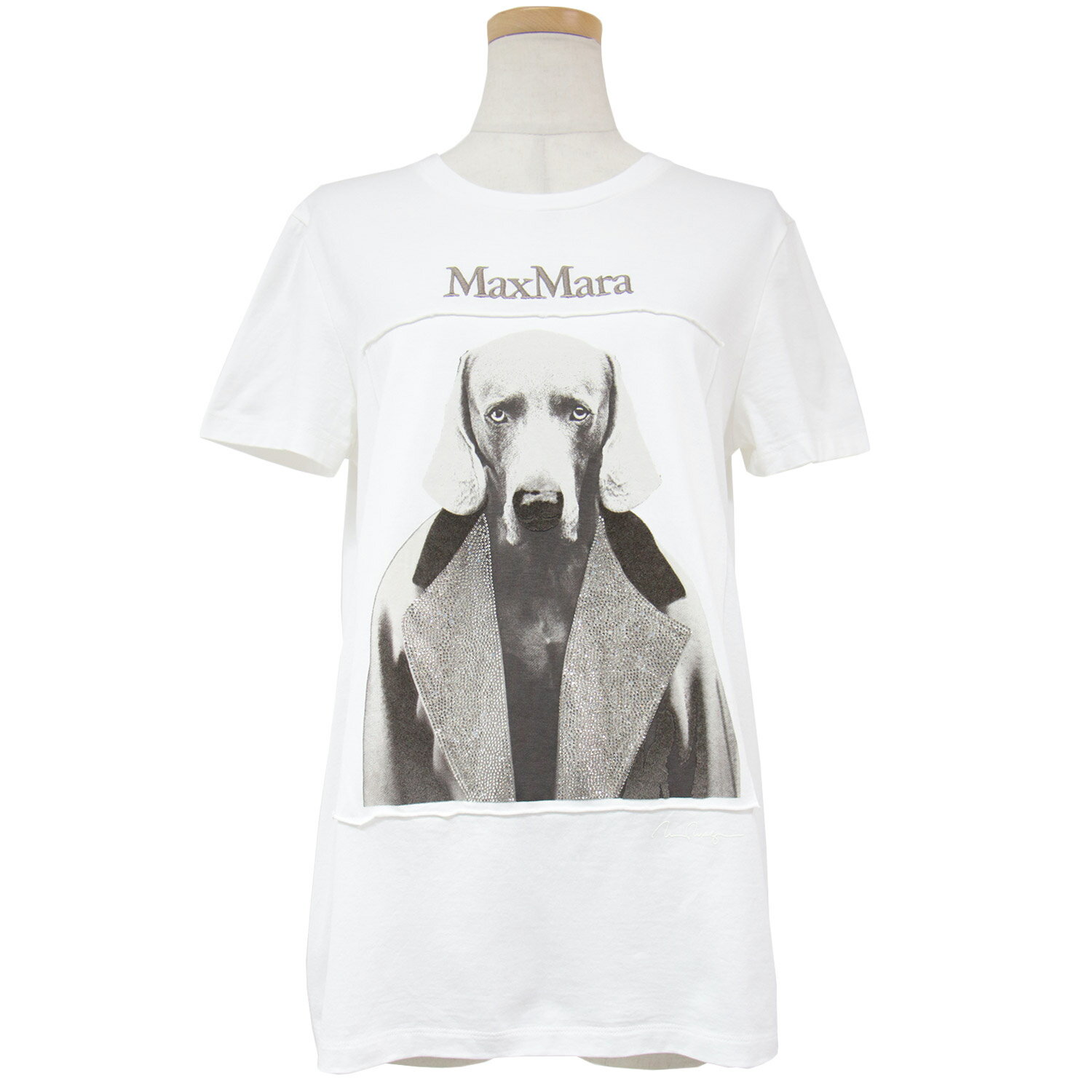 Max Mara マックスマーラ Tシャツ コットン カットソー トップス 22秋冬 ホワイト 白 M 半袖 ラウンドネック 犬 ドッグ プリント ピクチャー 白黒 モノクロ ラインストーン ロゴ MMDOG 大人【レディース】【中古】【K3736】のサムネイル