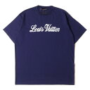 LOUIS VUITTON ルイヴィトン ニット サイズ:M ロゴ デザイン コットン 半袖 ニット RM222M JS5 HNN20W 22AW トップス クルーネック Tシャツ ネイビー 紺 イタリア製 ブランド トップス 【メンズ】【中古】【美品】【K4024】