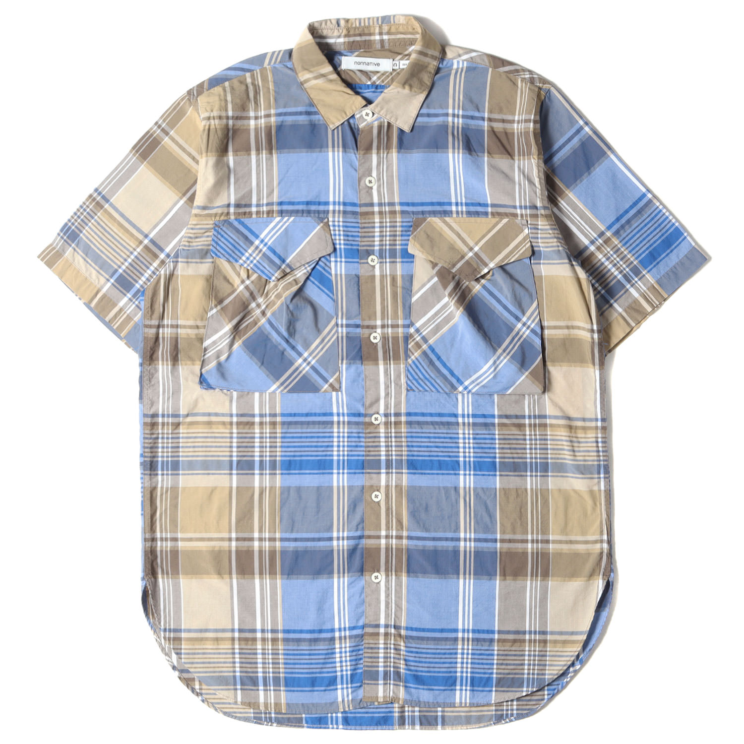 NONNATIVE ノンネイティブ シャツ サイズ:S マドラスチェック ロング 半袖 シャツ HUNTER LONG SHIRT S/S R/P MADRAS PLAID / NN-S3524 19SS ベージュ ブルー トップス カジュアルシャツ 【メンズ】【中古】【美品】