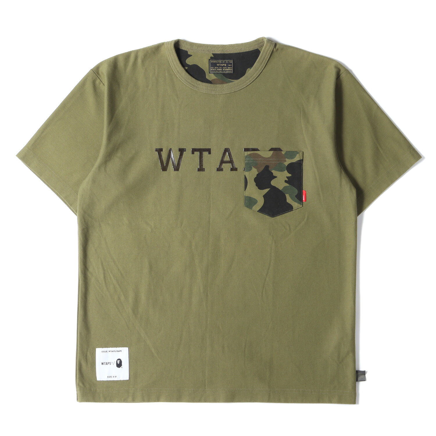 WTAPS ダブルタップス Tシャツ サイズ:S A BATHING APE 1stカモ 猿迷彩 ヘビー ポケット クルーネック 半袖 Tシャツ DESIGN S/S 17AW オリーブドラブ グリーンカモ 迷彩 トップス カットソー コラボ 【メンズ】【中古】【K3881】