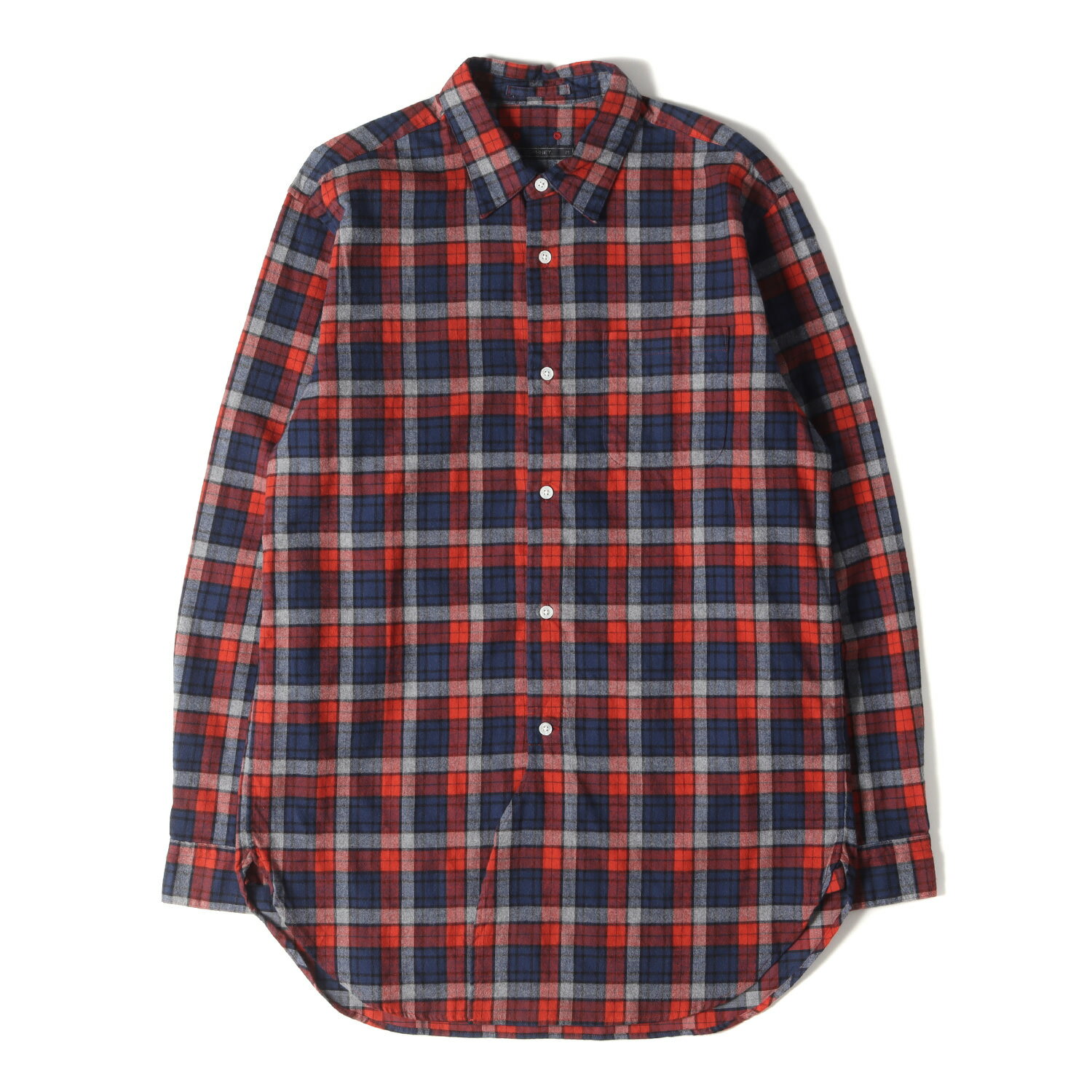 SOPHNET ソフネット シャツ サイズ:M ロングシルエット チェック シャツ フランネル FLANNEL CHECK REGULAR COLLAR LONG SHIRT 17AW ネイビー レッド 紺 赤 トップス カットソー カジュアル ネルシャツ【メンズ】【中古】【美品】【K4080】