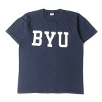 Champion チャンピオン Tシャツ サイズ:L 70s BYU バータグ フロッキープリント カレッジ クルーネック 半袖 Tシャツ ブリガムヤング大学モデル ネイビー 紺 vintage ヴィンテージ 70年代 古着 トップス カットソー 【メンズ】【中古】【K4063】