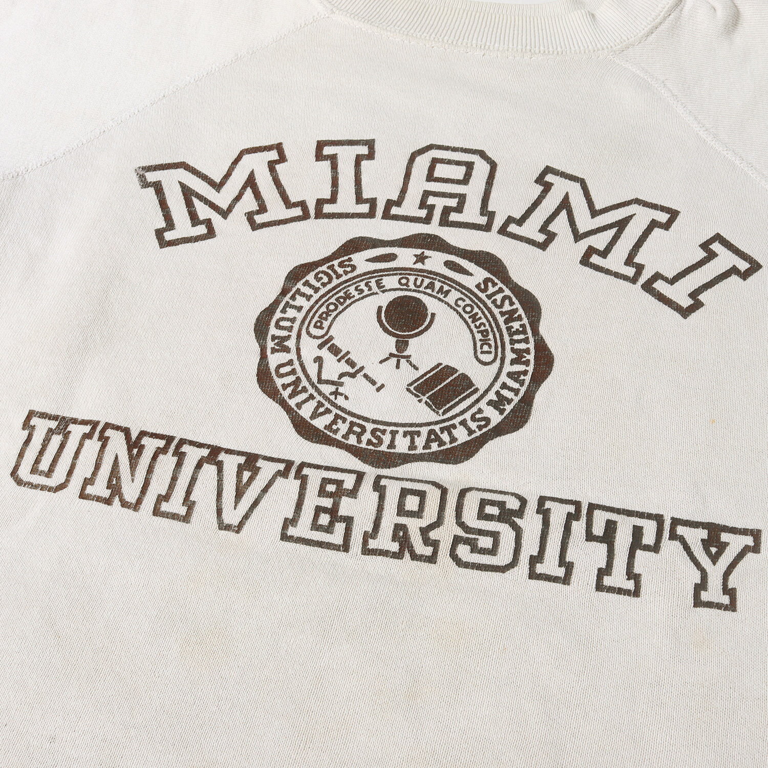 U.S.VINTAGE ヴィンテージ 50〜60s 3段 カレッジプリント 半袖 スウェット マイアミ大学モデル サンドベージュ系 詳細参照(L位) トップス トレーナー 古着【メンズ】【中古】【K4511】