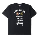 A BATHING APE ア ベイシング エイプ Tシャツ サイズ:XL STUSSY ステューシー 初売り限定 猿顔 SSリンク ロゴ クルーネック 半袖 Tシャツ ブラック 黒 トップス カットソー コラボ【メンズ】【K4073】