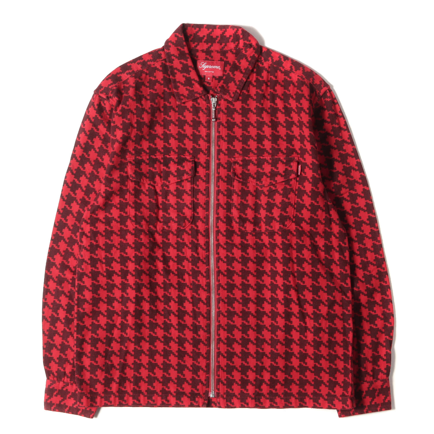 Supreme シュプリーム シャツ サイズ:S 18AW 千鳥柄 ジップ フランネル 長袖 シャツ Houndstooth Flannel Zip Up Shirt レッド 赤 トップス カジュアルシャツ【メンズ】【中古】【美品】【K4073】