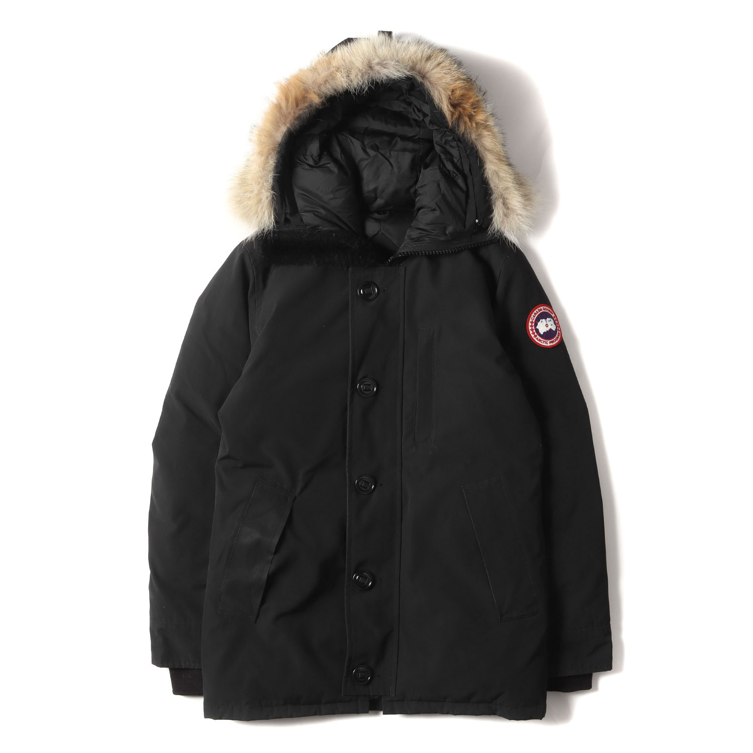 CANADA GOOSE カナダグース ダウン ジャケット サイズ:XS ファー フード ポリ コットン ダウン コート JASPER PARKA 3438JM R ジャスパー パーカー ブラック 黒 アウター ブルゾン【メンズ】【中古】【K4089】