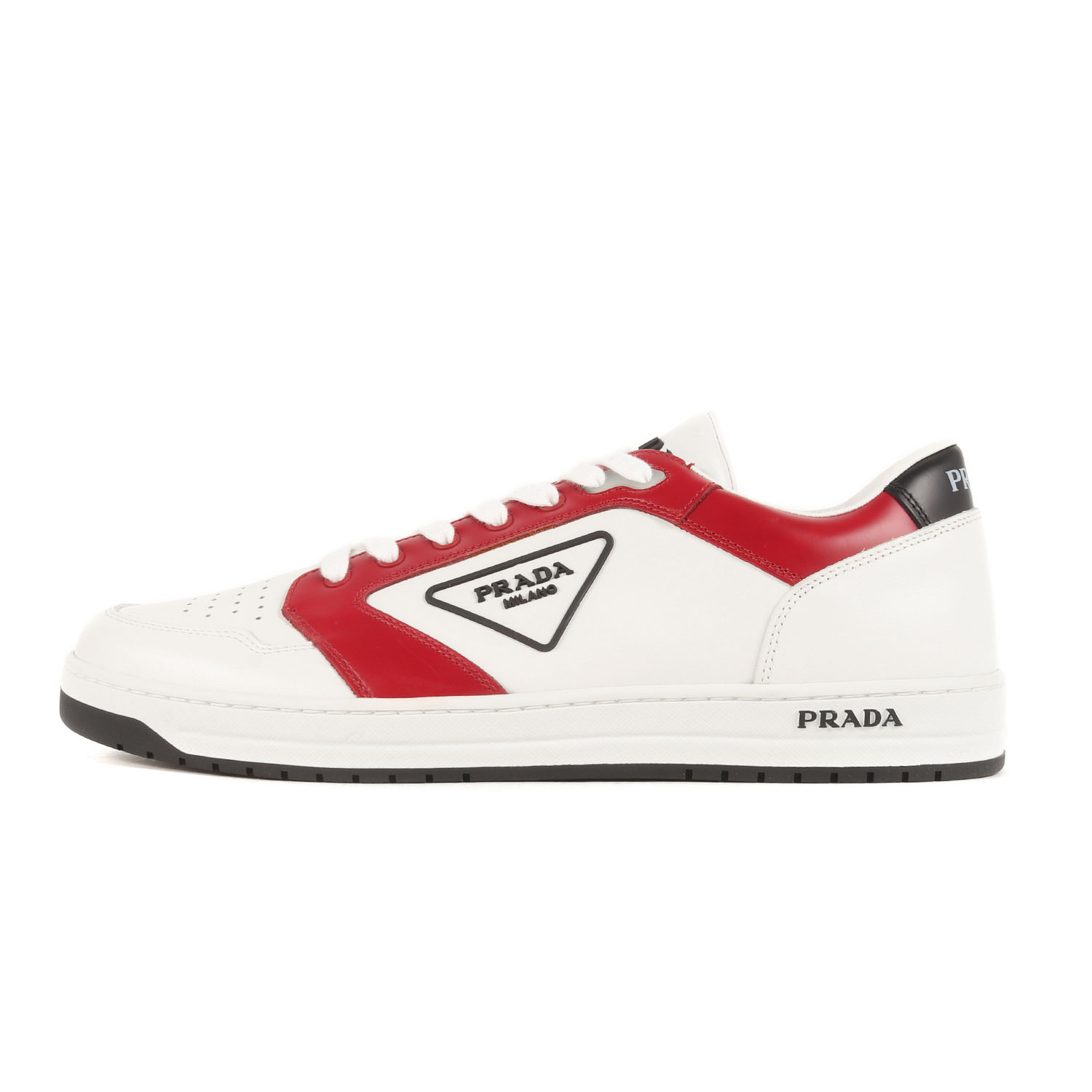 PRADA プラダ サイズ:9 1/2 22SS ニューアベニュー レザー ロートップ スニーカー New Avenue Leather Low Top Sneaker 2EE363 ローカット トライアングルロゴ ホワイト レッド イタリア製 シューズ 靴【メンズ】【中古】【新品同様】【K4099】