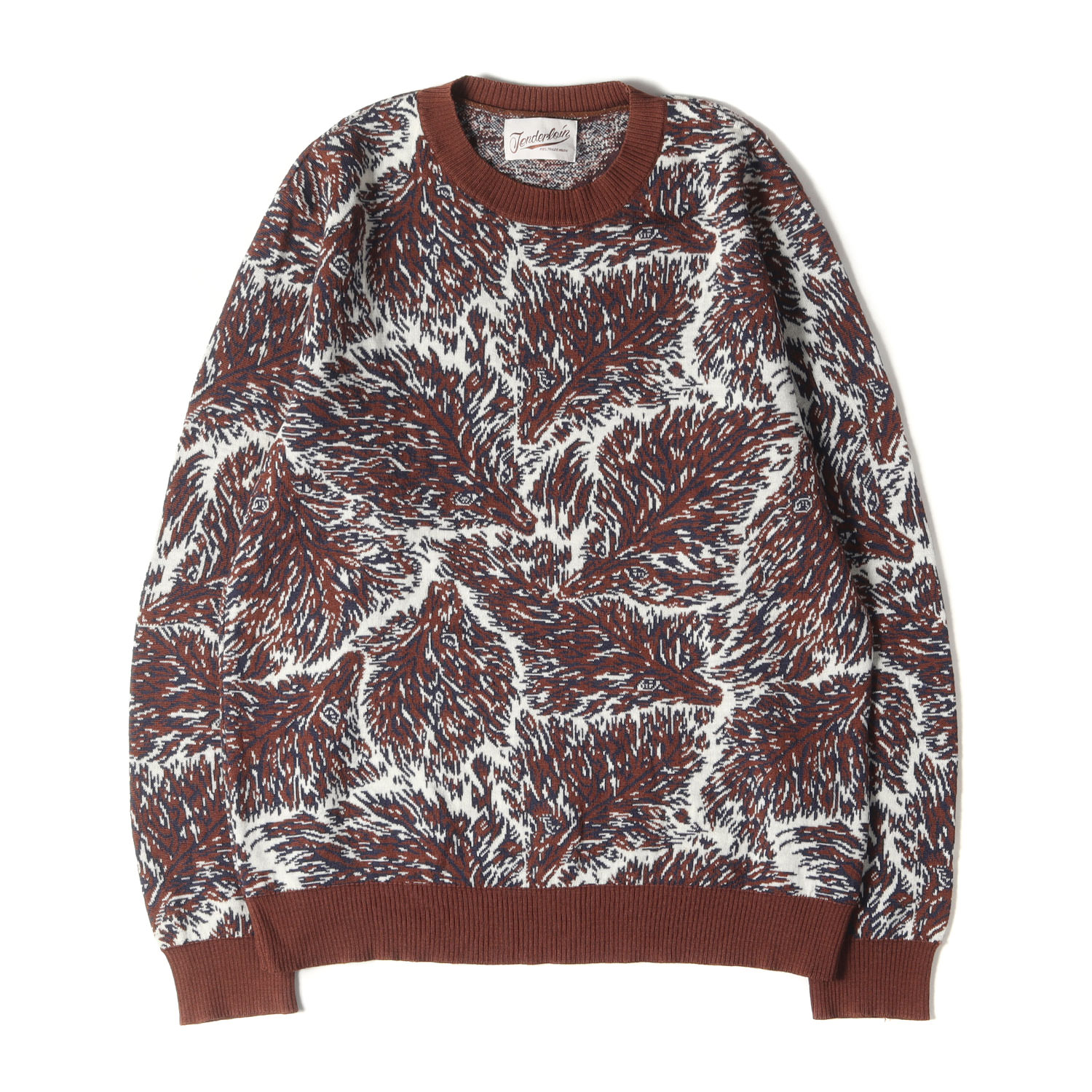 TENDERLOIN テンダーロイン ニット サイズ:S ウルフ ジャガード ウール ニット セーター T-SWEATER WOLF トップス プルオーバー 長袖 総柄 ブラウン マルチカラー 日本製 【メンズ】【中古】【K4080】