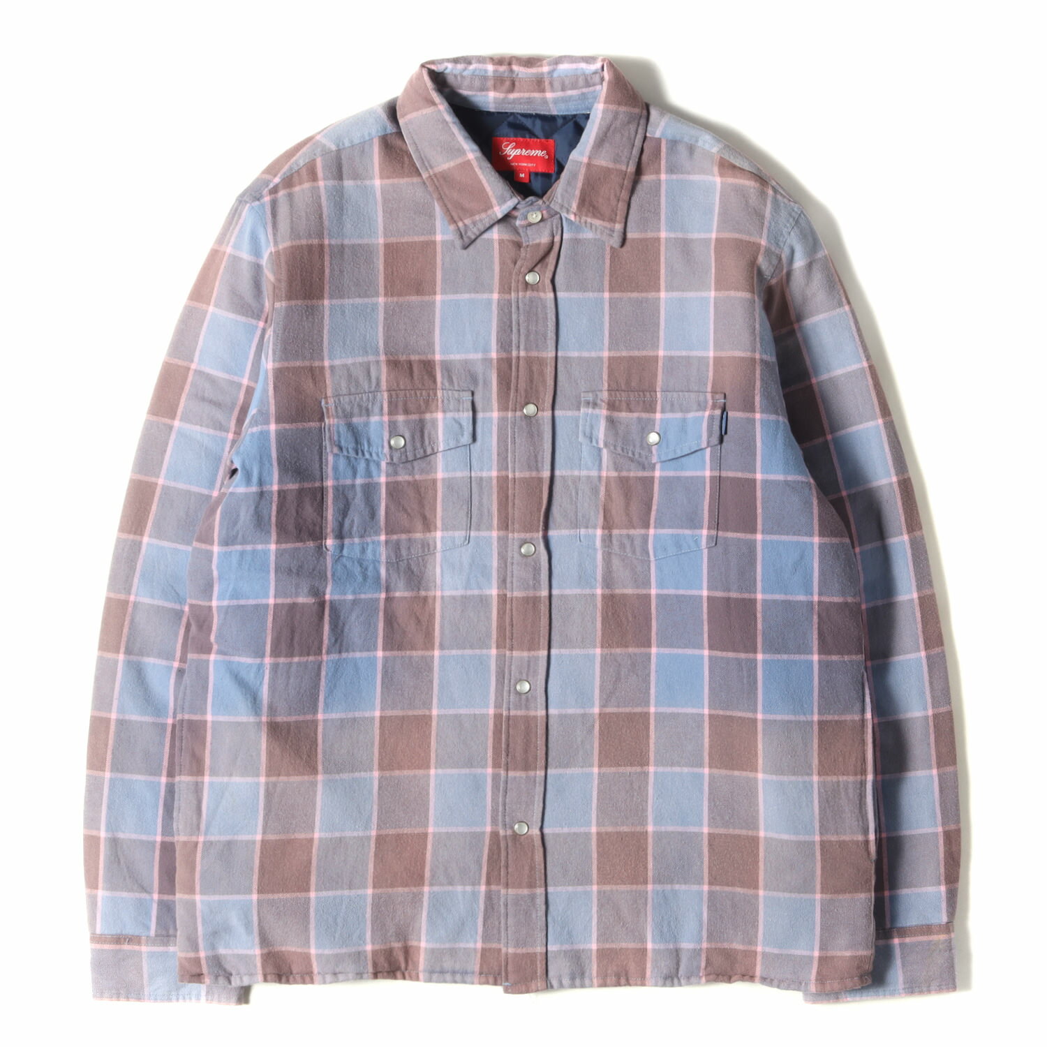 Supreme シュプリーム シャツ サイズ:M 18AW フェード加工 キルティング ライナー チェック ネル 長袖 シャツ Quilted Faded Plaid Shirt ダスティーブルー トップス カジュアルシャツ【メンズ】【中古】【K4016】