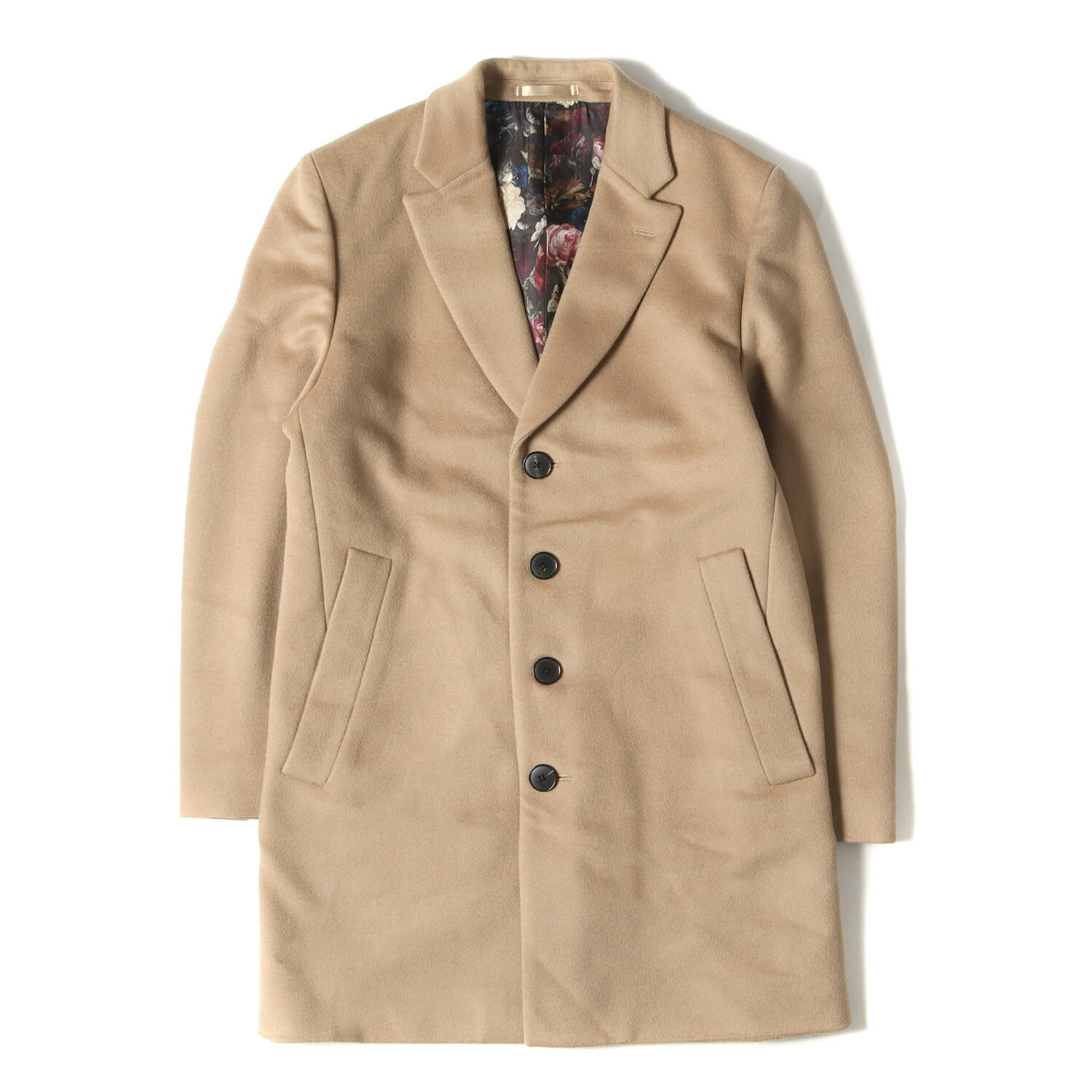 Paul Smith ポールスミス コート サイズ:M ビーバー メルトン 4B チェスター コート BEAVER MELTON CHESTER COAT 253062 572N 裏地 花柄 フラワー LONDON ベージュ アウター ジャケット【メンズ】【中古】【美品】【K4093】