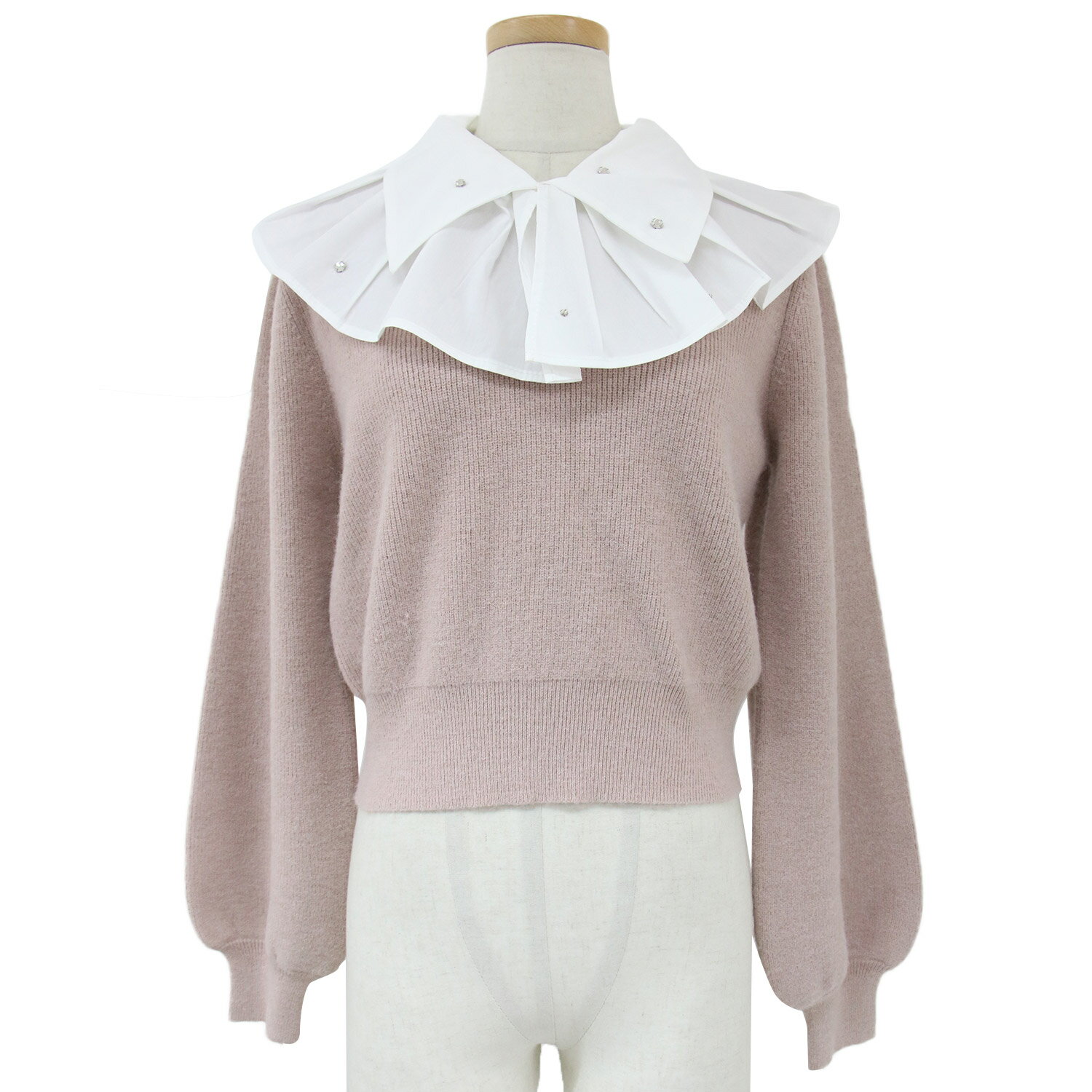 M me eme エムミーエメ ニット セーター 23年秋冬 ピンク ホワイト サイズ:FREE プルオーバー 長袖 ショート丈 フリルカラー 付け衿 ラインストーン トップス【レディース】【中古】【美品】【K4059】