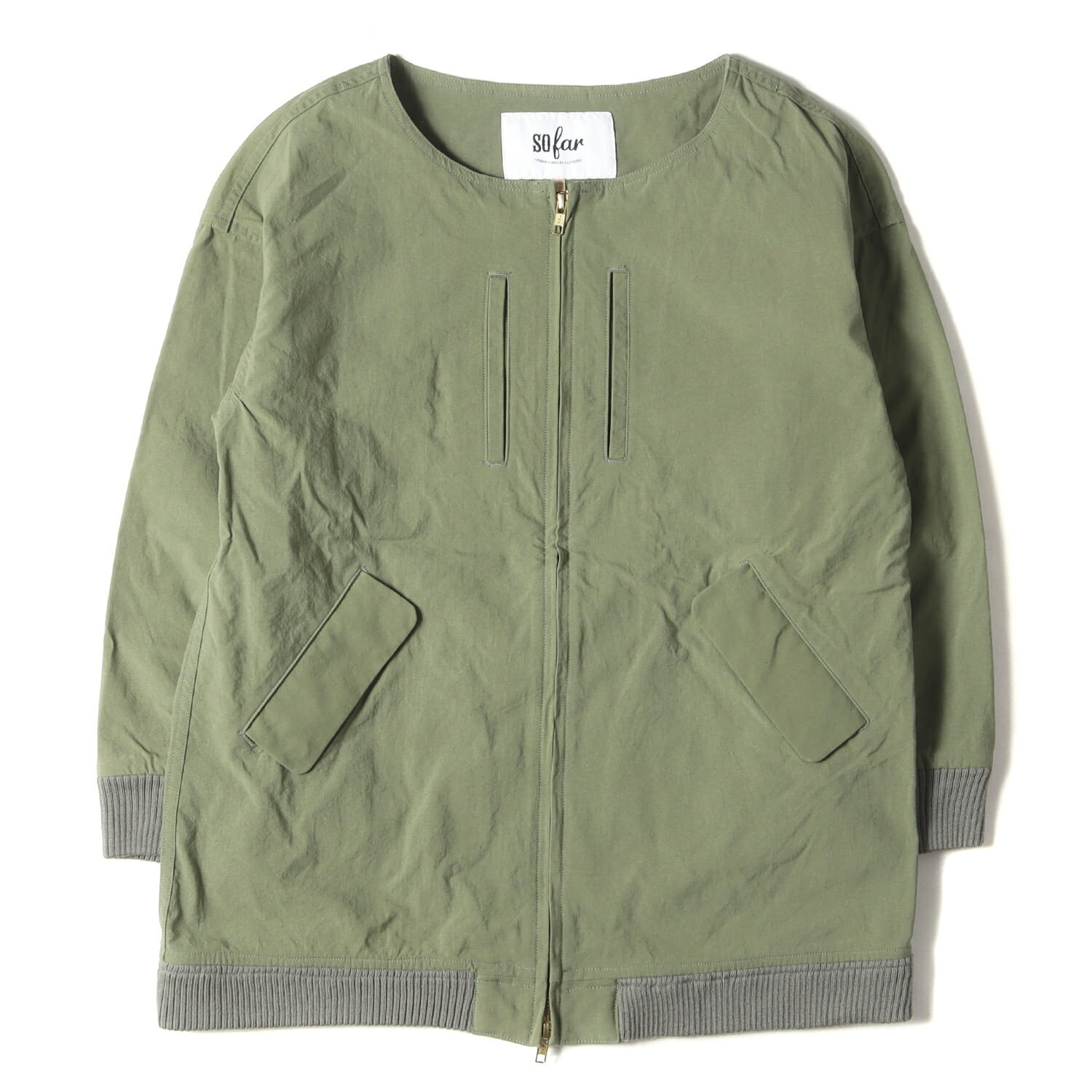 so far ソー ファー ジャケット サイズ:WF ナイロン サテン ダブルジップ ノーカラージャケット S1502WJK04 オリーブ 日本製 アウター ブルゾン コート 上着【メンズ】【中古】【K4281】
