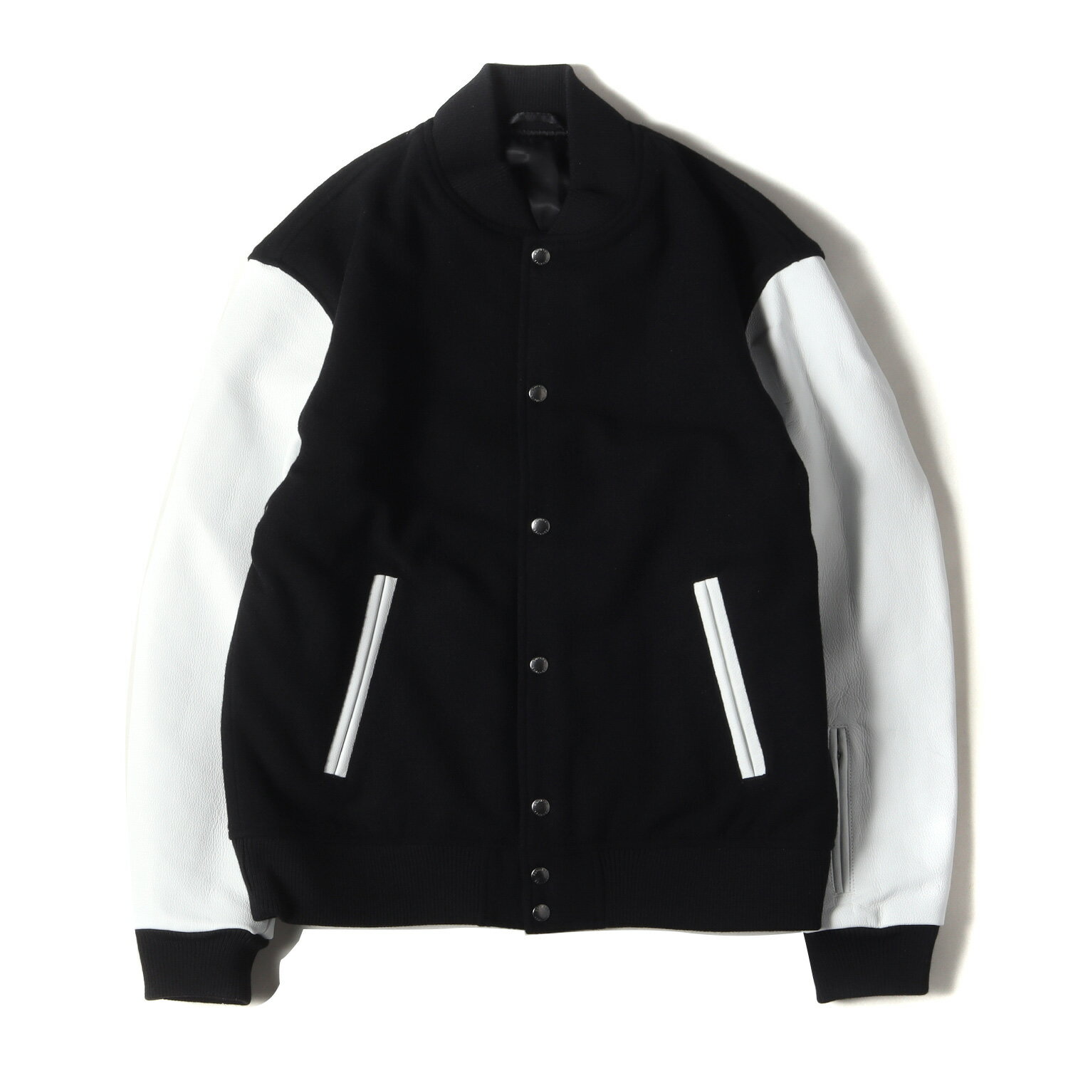SOPHNET ソフネット ジャケット サイズ:S 23AW 袖カーフレザー ウールモッサ バーシティジャケット / スタジャン LEATHER SLEEVE VARSITY JACKET ブラック ホワイト 黒白 アウター ブルゾン ジャンパー 上着【メンズ】【中古】【新品同様】【K4269】