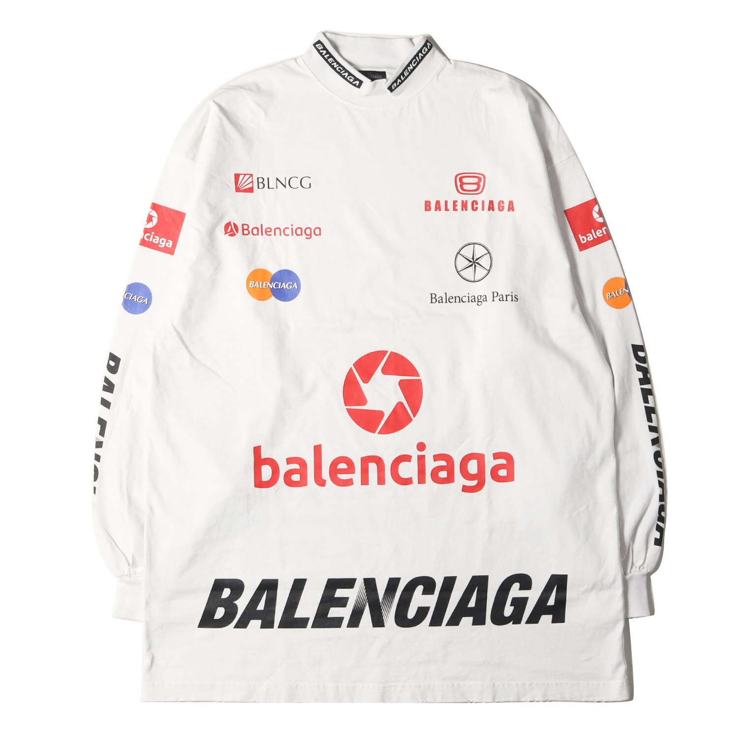 BALENCIAGA バレンシアガ Tシャツ サイズ:2 23SS 現行モデル ヴィンテージ ジャージー TOP LEAGUE オーバー サイズ ロングスリーブTシャツ トップス 長袖 カットソー モックネック ビッグシルエット ホワイト 白 【メンズ】【中古】【K4085】