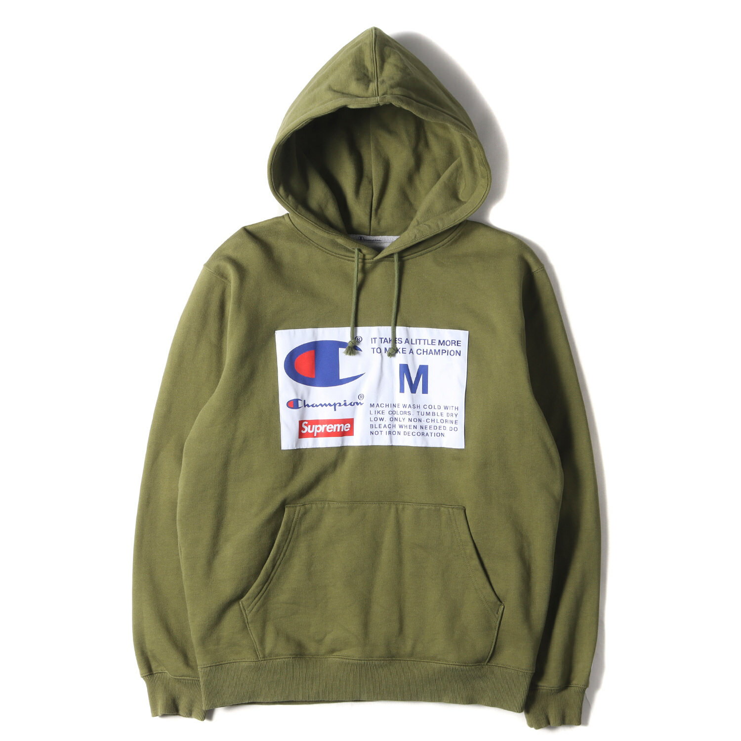 Supreme シュプリーム パーカー サイズ:M 18AW Champion チャンピオン ビッグラベル スウェットパーカー Label Hooded Sweatshirt オリーブ トップス フーディー【メンズ】【中古】【美品】【K4079】