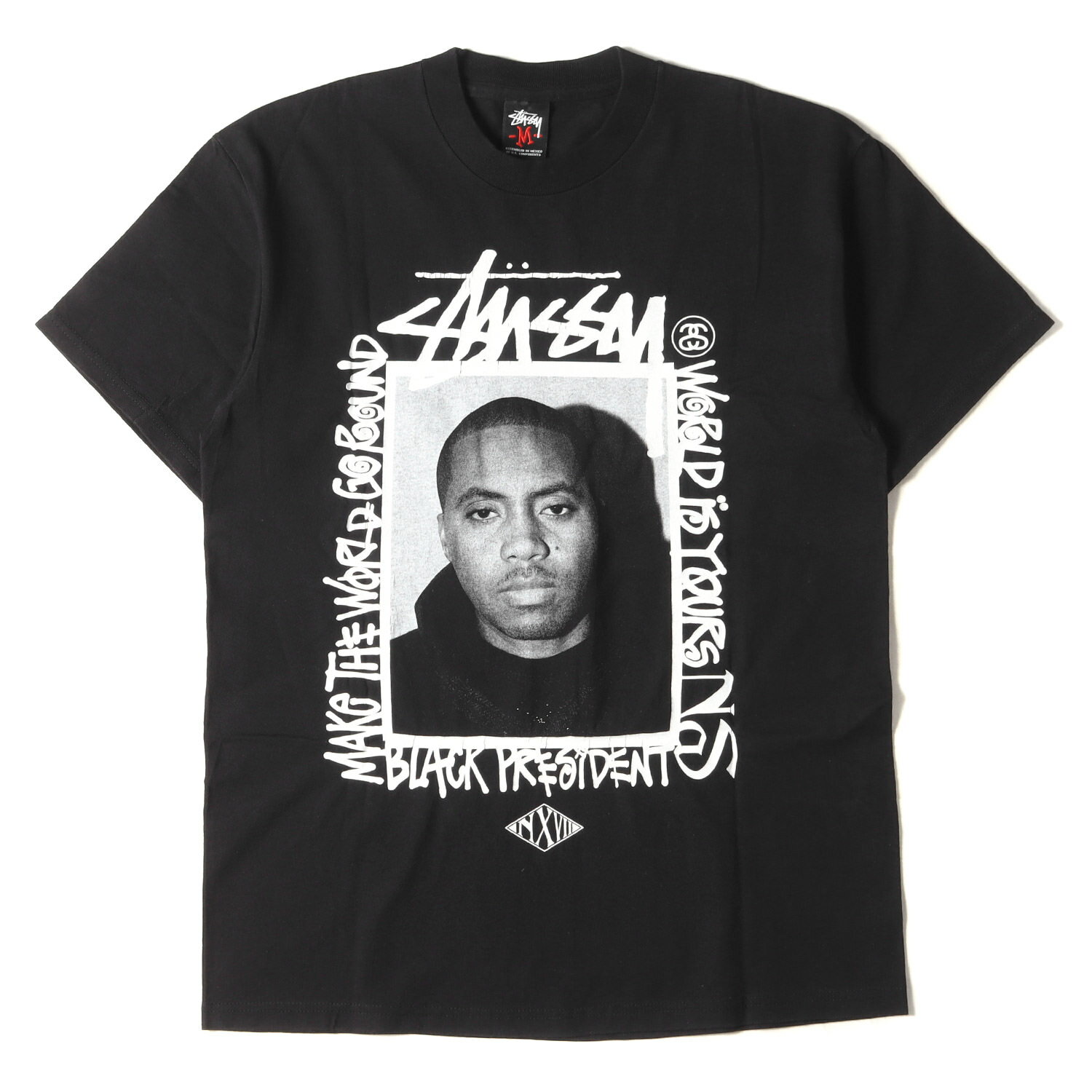 STUSSY ステューシー Tシャツ サイズ:M 00s NEXUS 7 NAS 原宿チャプト限定 フォト グラフィック クルーネック 半袖Tシャツ ブラック 黒 ネクサスセブン ナズ コラボ トップス カットソー【メンズ】【中古】【K4092】