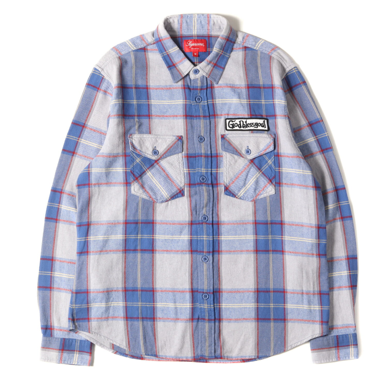 Supreme シュプリーム シャツ サイズ:M 17AW ワッペン付き チェック フランネル 長袖シャツ God Bless Plaid Flannel Shirt ロイヤル グレー トップス カジュアルシャツ【メンズ】【中古】【K4…