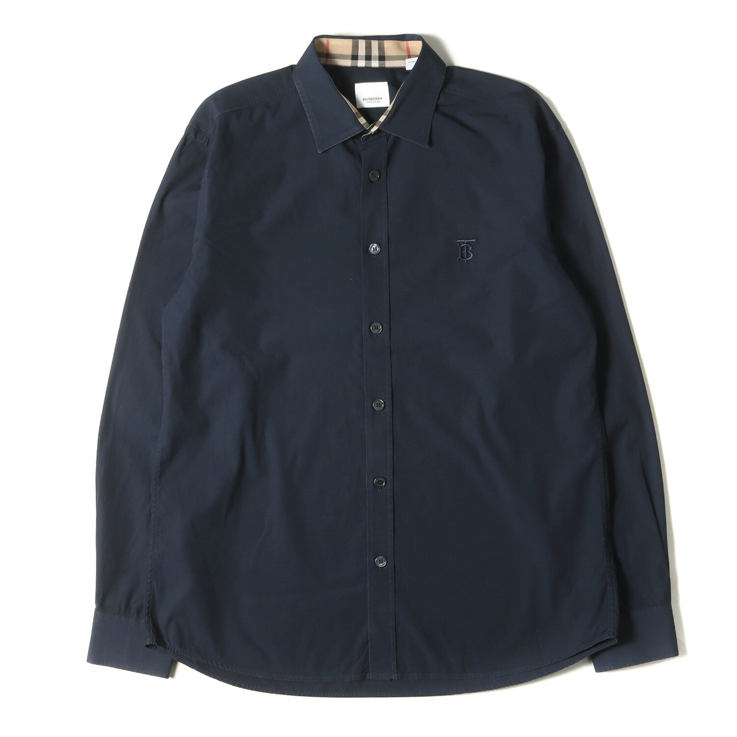 BURBERRY バーバリー シャツ サイズ:L 22AW ワンポイント TBロゴ 刺繍 モノグラム ポプリン ドレスシャツ Slim Fit Monogram Motif Poplin Shirt 長袖 ノバチェック ネイビー 紺 トップス カジュアルシャツ【メンズ】【中古】【K4092】