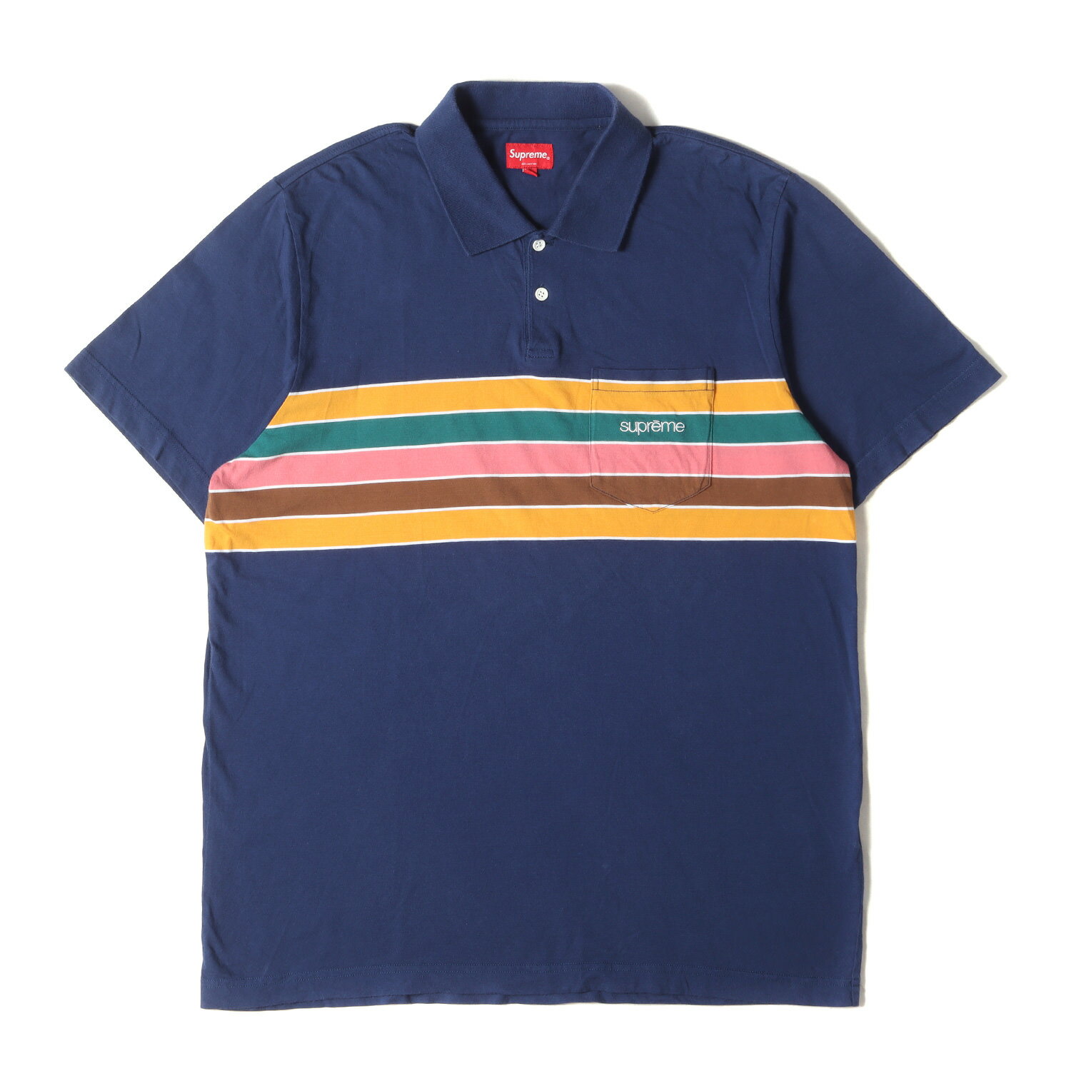 Supreme シュプリーム ポロシャツ サイズ:L 18SS チェスト ストライプ 半袖ポロシャツ Chest Stripe Polo ネイビー 紺 トップス カットソー【メンズ】【中古】【K4080】