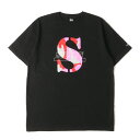 STUSSY ステューシー Tシャツ サイズ:XL ローカルカラー 上野チャプト限定 カモフラージュ Sロゴ クルーネック 半袖Tシャツ ブラック 黒 トップス カットソー【メンズ】【中古】【美品】【K4075】