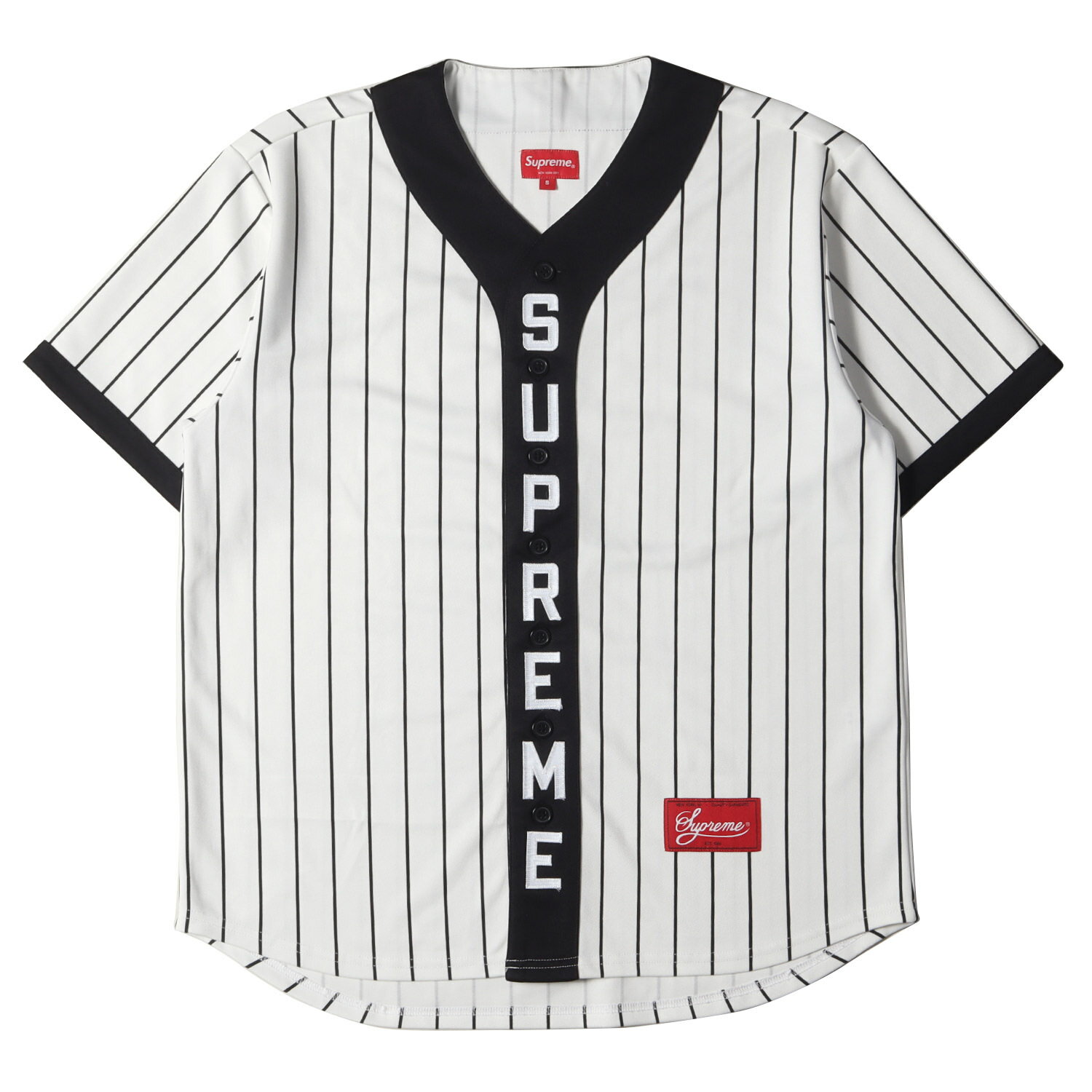 Supreme シュプリーム シャツ サイズ:S 18AW バーチカルロゴ ベースボールシャツ Vertical Logo Baseball Jersey ホワイト ブラック 白黒 トップス カジュアルシャツ 半袖 ジャージ【メンズ】【中古】【美品】【K4094】