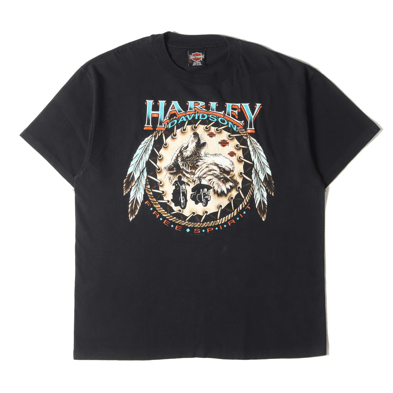 HARLEY-DAVIDSON ハーレーダビッドソン Tシャツ サイズ:XL 90s R.K.STRATMAN ネイティブ イーグル&ウル..