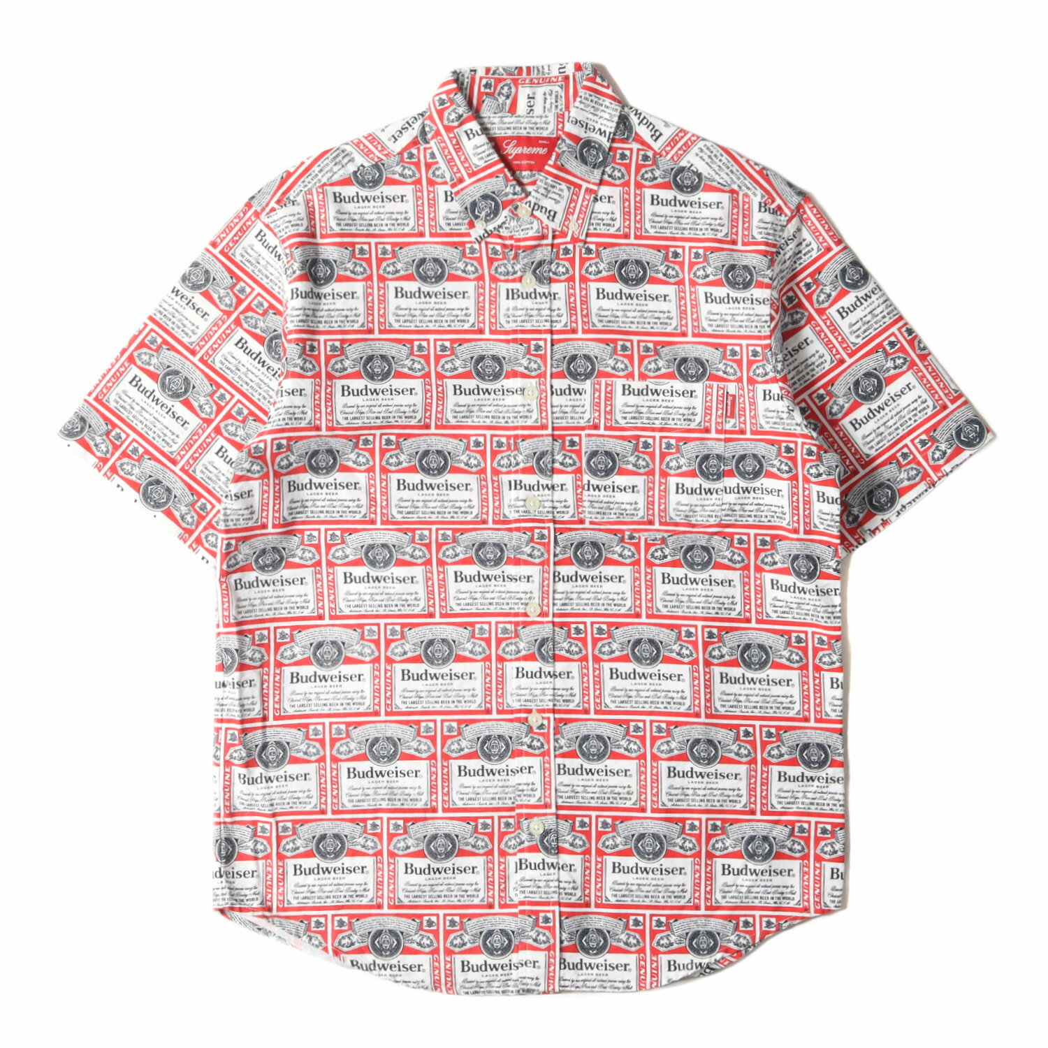 Supreme シュプリーム シャツ サイズ:S / 09SS Budweiser ラベル総柄 オックスフォード ボタンダウン 半袖シャツ Shirt レッド / バドワイザー コラボ トップス カジュアルシャツ 00年代 アーカイブ【メンズ】【中古】【美品】【K4091】