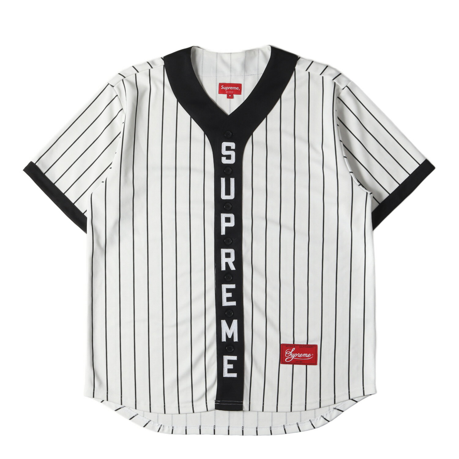 Supreme シュプリーム シャツ サイズ:M / 18AW バーチカルロゴ ベースボールシャツ Vertical Logo Baseball Jersey ホワイト ブラック / トップス カジュアルシャツ 半袖【メンズ】【中古】【K4091】