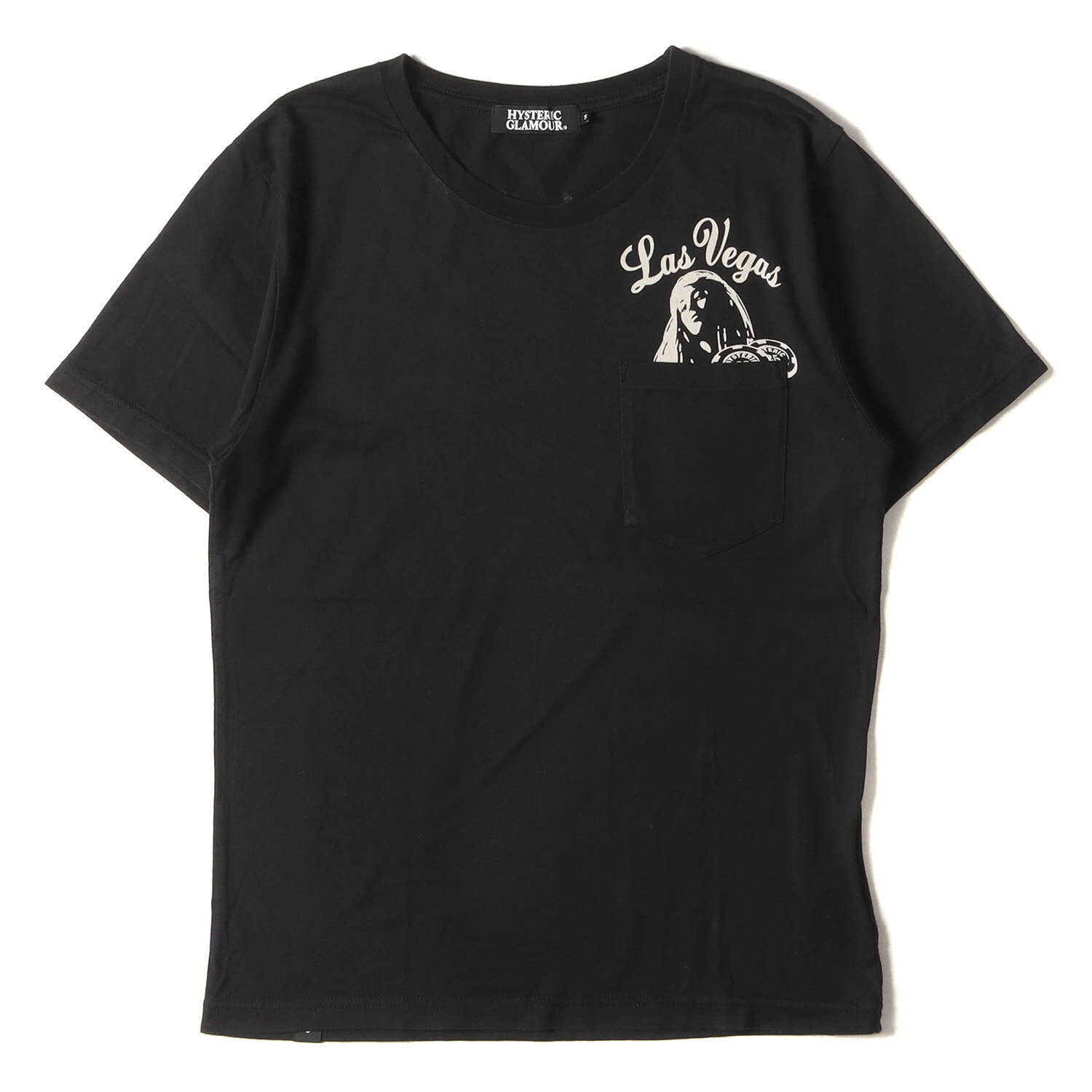 HYSTERIC GLAMOUR ヒステリックグラマー Tシャツ サイズ:S HYSTERIC MOTEL LASVEGAS ガール ウーマン ロゴ ポケット クルーネック 半袖Tシャツ Y2K ブラック 黒 日本製 トップス カットソー【メンズ】【中古】【K4095】