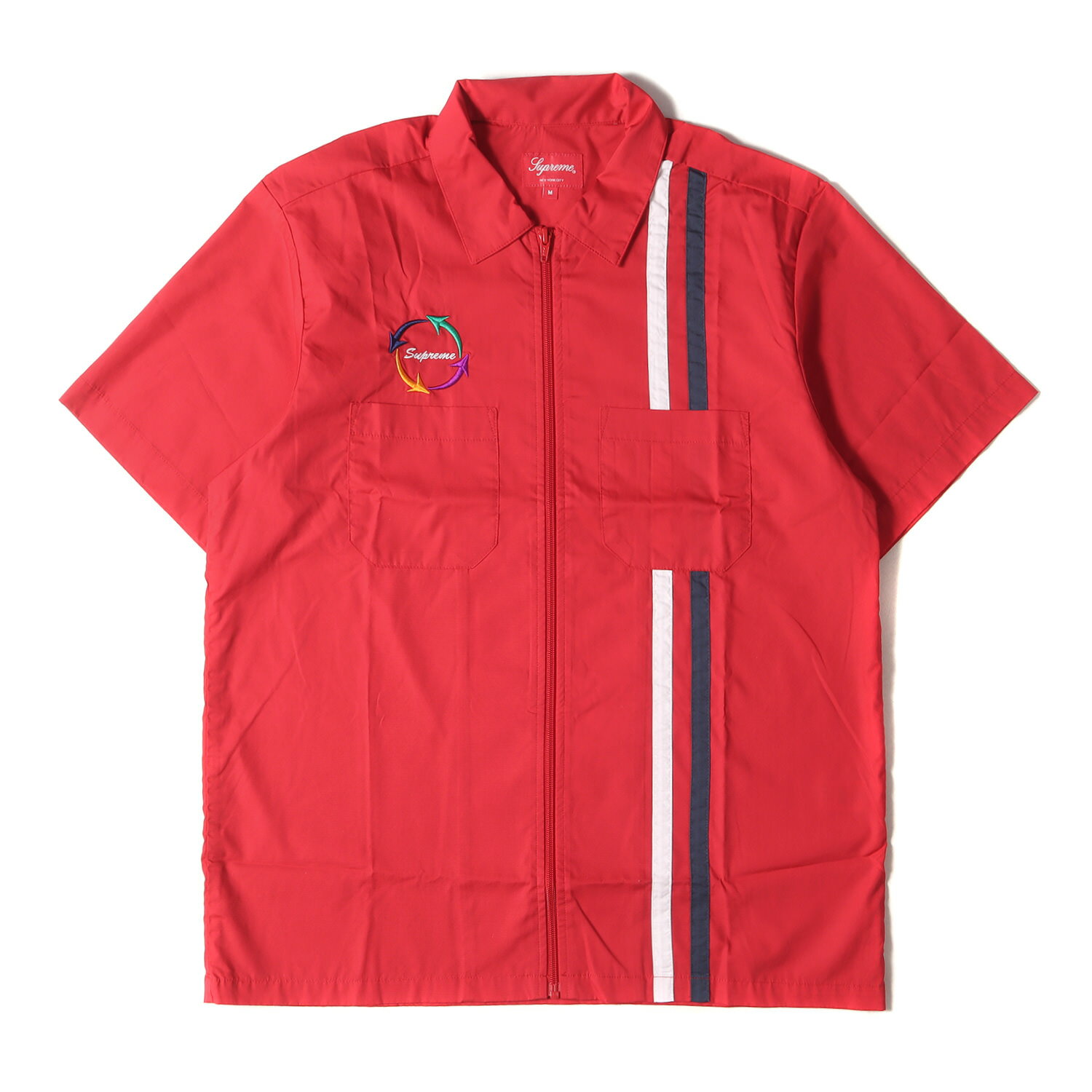 Supreme シュプリーム シャツ サイズ:M 19SS ラインデザイン フルジップ ワーク 半袖シャツ Zip Up S/S Work Shirt レッド トップス カジュアルシャツ【メンズ】【K4087】