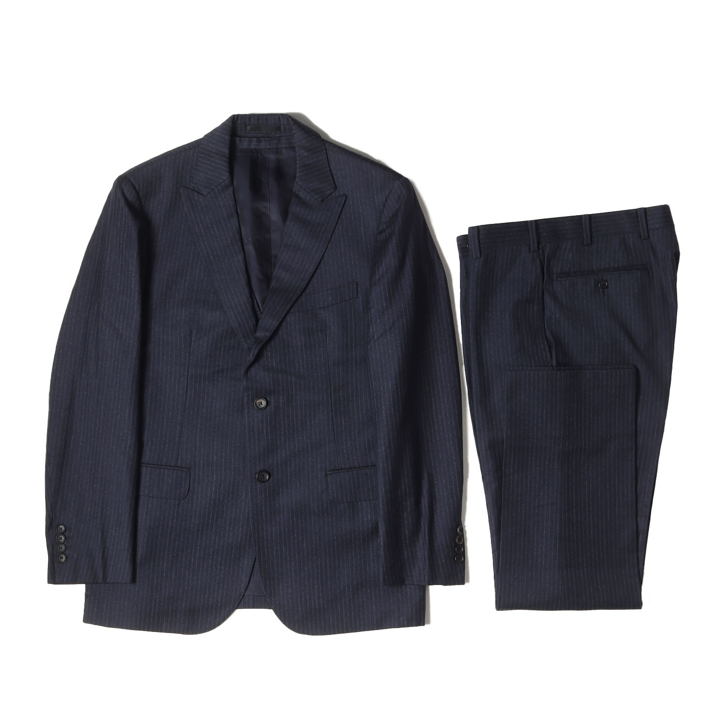 MACKINTOSH マッキントッシュ サイズ:92-76-170 ペンシル ストライプ ウール ピークドラペル 2B テーラード ジャケット & ジレ ベスト & スリム テーパード スラックス パンツ / 3ピース セットアップ スーツ ネイビー 紺【メンズ】【中古】【K4746】