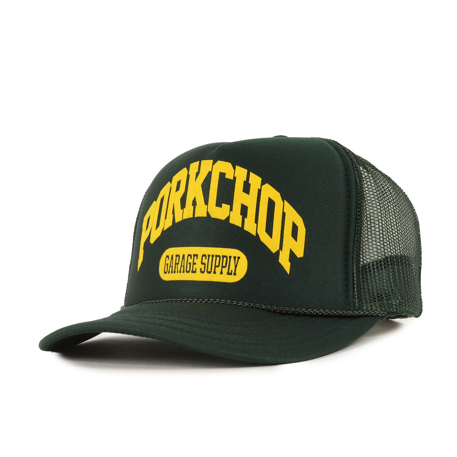 PORKCHOP GARAGE SUPPLY ポークチョップガレージサプライ キャップ フロッキープリント メッシュキャップ グリーン スナップバック 帽子【メンズ】【中古】【美品】【K4281】
