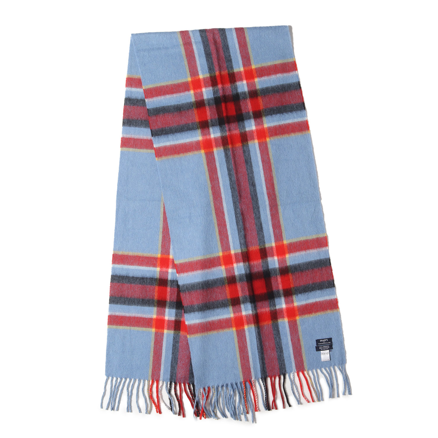 DRAKES ドレイクス チェック ウール フリンジ マフラー / MADE IN SCOTLAND ライトブルー レッド系 イギリス製 ファッション 雑貨 小物【メンズ】【中古】【美品】【K4746】