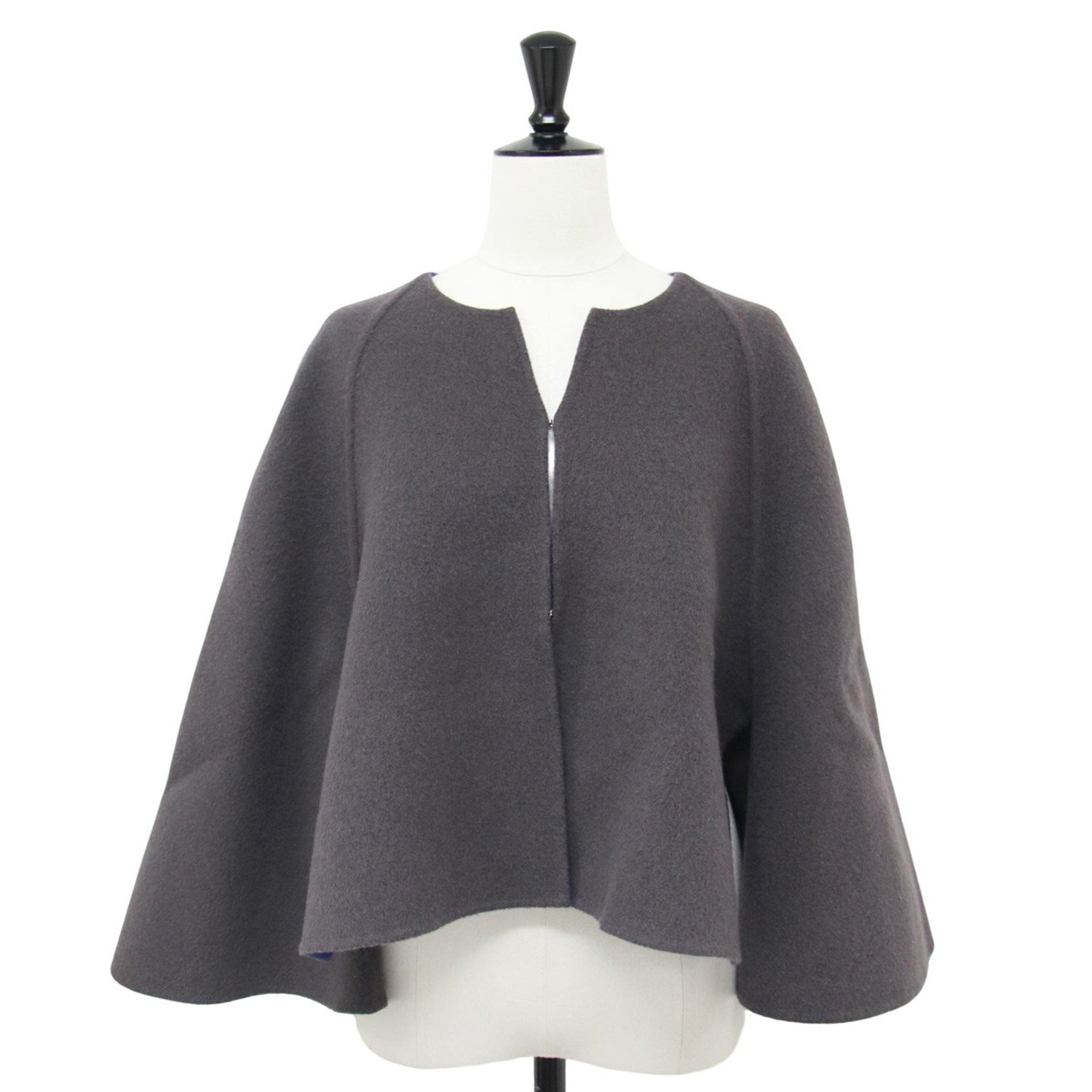 TEN. テン ケープ チャコールグレー ブルー サイズ:M / Aライン ショート丈 ケープ / ポンチョ ノーカラー リバー素材 バイカラー フレア ウール / アウター コート 上着 羽織り / 日本製【レディース】【中古】【K4746】