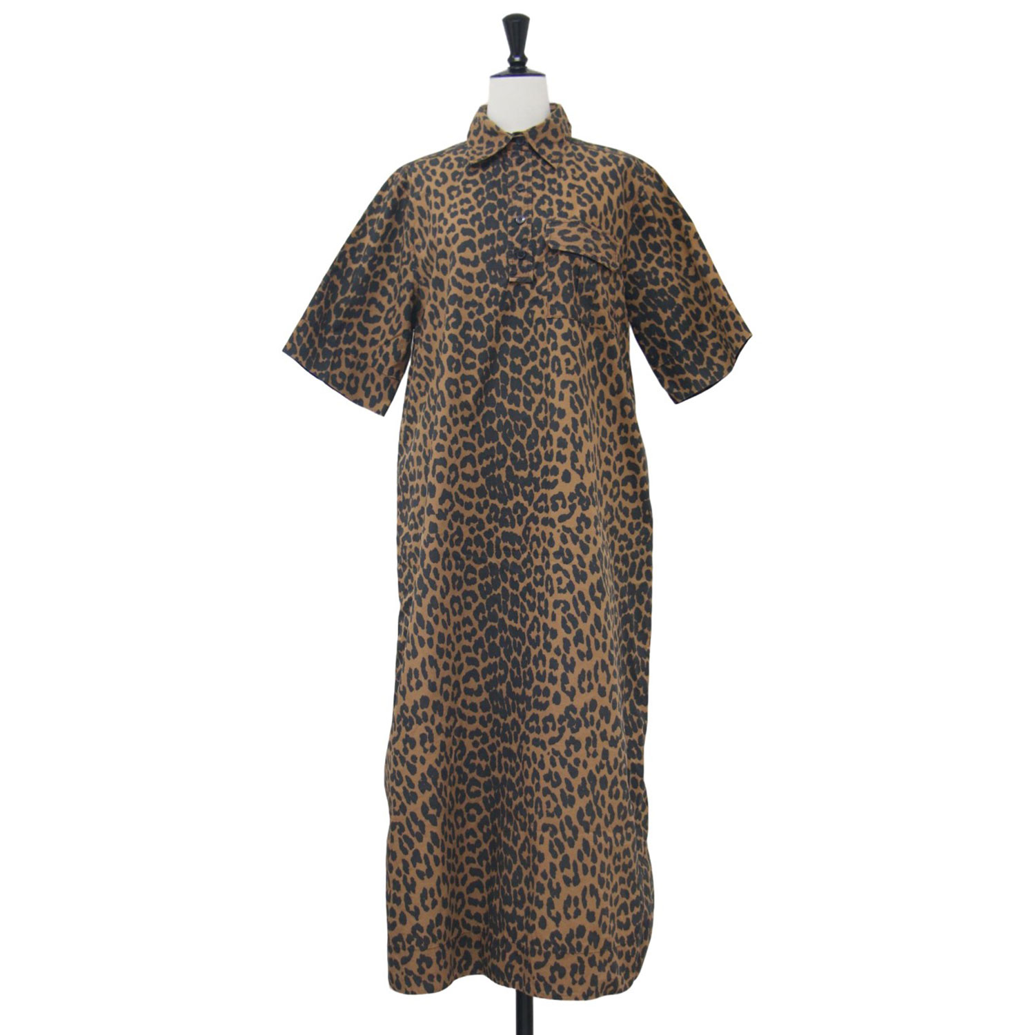GANNI ガニー ワンピース ブラウン ブラック サイズ:34(XS) / レオパード プリント 半袖 シャツ ワンピース / コットン ロング ヒョウ柄 / トップス ドレス【レディース】【中古】【K4425】
