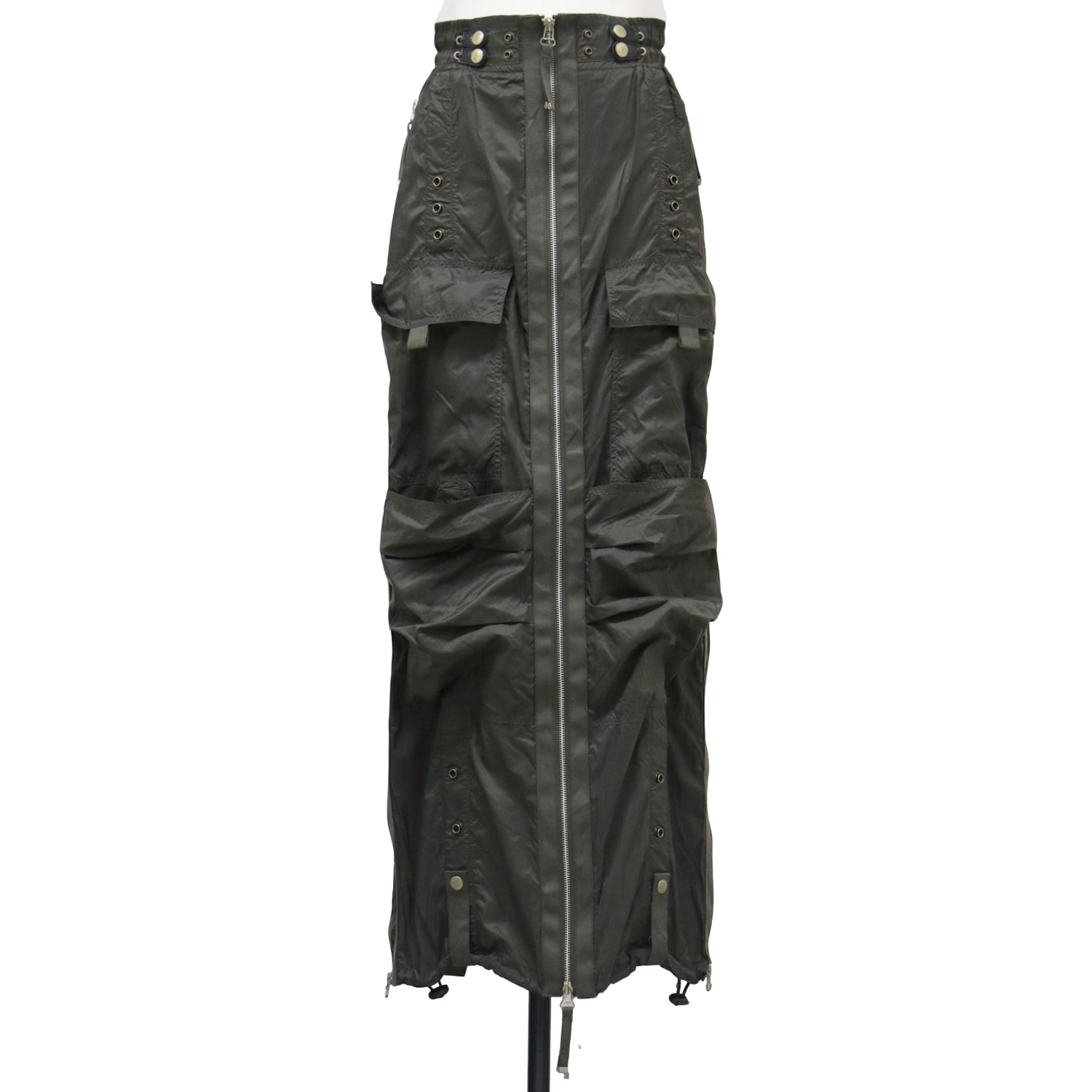 DIESEL ディーゼル スカート カーキ サイズ:38(M) / ナイロン マキシ ミリタリー スカート / o-crep ウエストゴム ジップ スリット ポケット ギャザー / ボトムス【レディース】【中古】【美品】【K4453】
