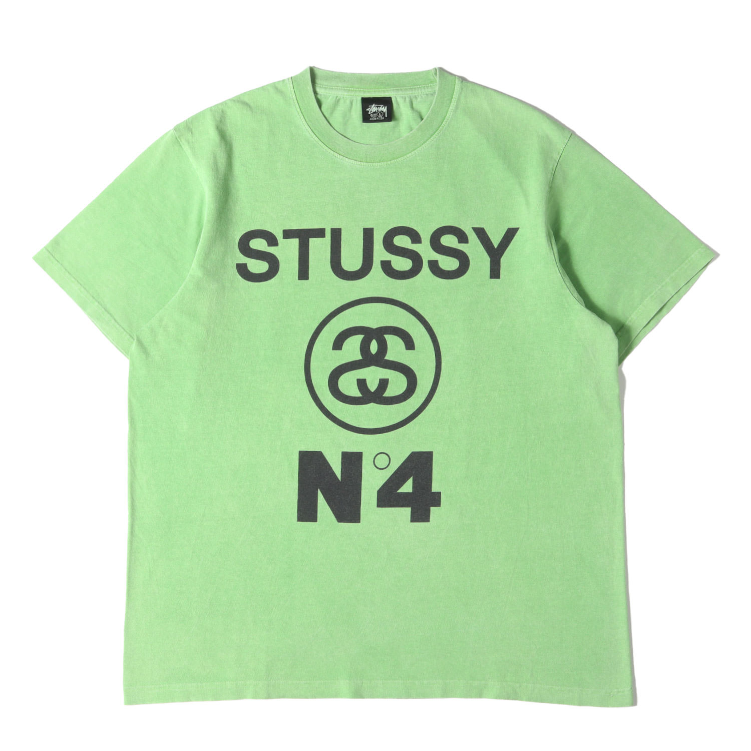 STUSSY ステューシー Tシャツ サイズ:L / 22SS ピグメントダイ加工 No.4ロゴ クルーネック Tシャツ / グリーン / USA製 / トップス カットソー 半袖【メンズ】【中古】【美品】【K4735】