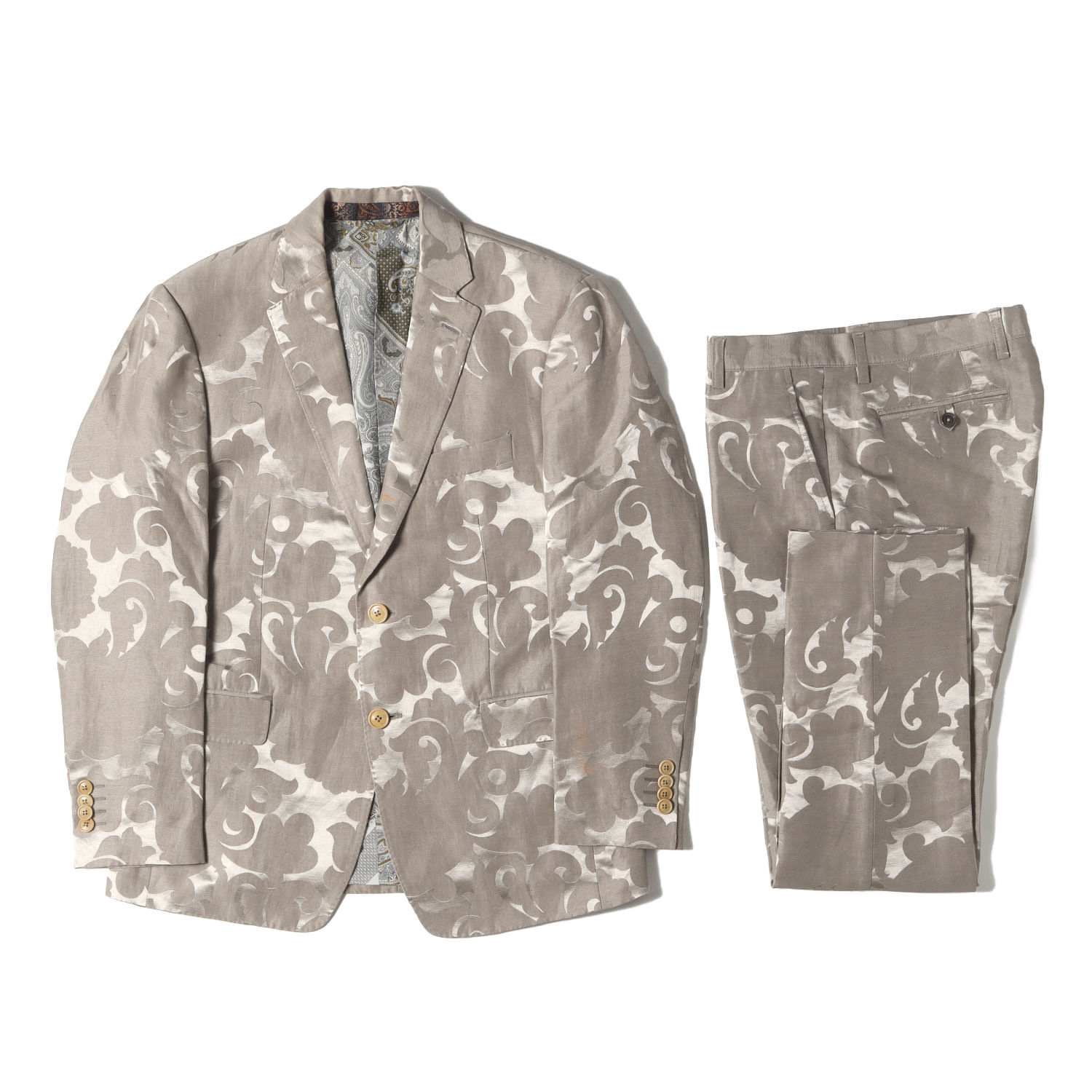 ETRO エトロ サイズ:48 / 裏地 ペイズリー柄 リネン/シルク スーツ セットアップ / テーラードジャケット スラックスパンツ / グレー / イタリア製 / ブランド【メンズ】【中古】【K4459】