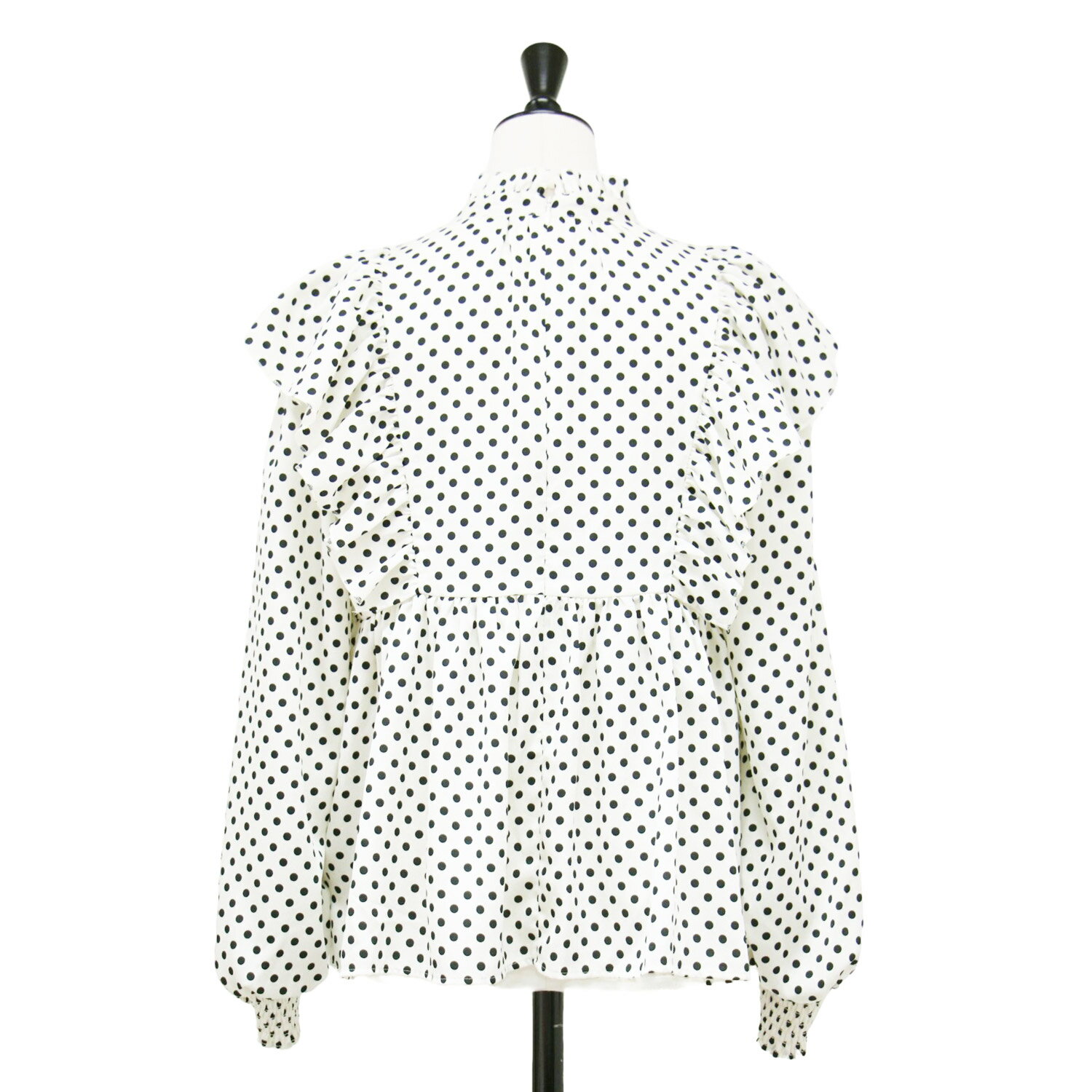 TIARA ティアラ ブラウス オフホワイト ブラック 白黒 サイズ:FREE / 22秋冬 ハンマーサテン ドット フリル ペプラム ブラウス / スタンドカラー 長袖 プリント / トップス シャツ 【レディース】【中古】【K4565】