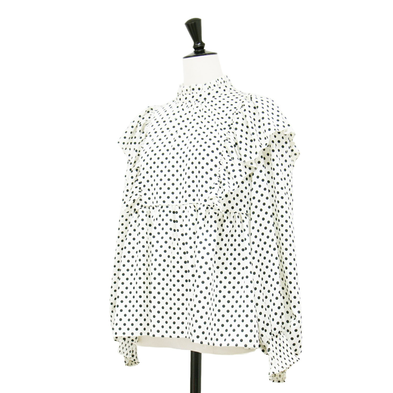 TIARA ティアラ ブラウス オフホワイト ブラック 白黒 サイズ:FREE / 22秋冬 ハンマーサテン ドット フリル ペプラム ブラウス / スタンドカラー 長袖 プリント / トップス シャツ 【レディース】【中古】【K4565】