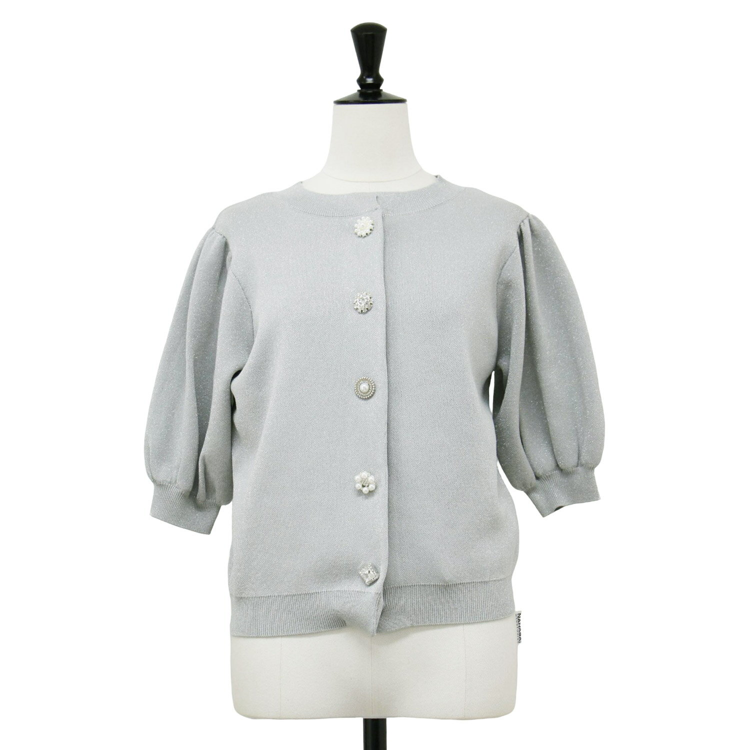 OfSTYLE オブスタイル カーディガン シルバー サイズ:FREE / 24秋冬 パフスリーブ ラメ ニット 半袖 カーディガン / クルーネック 5分袖 ビジューボタン / トップス セーター【レディース】【K4633】