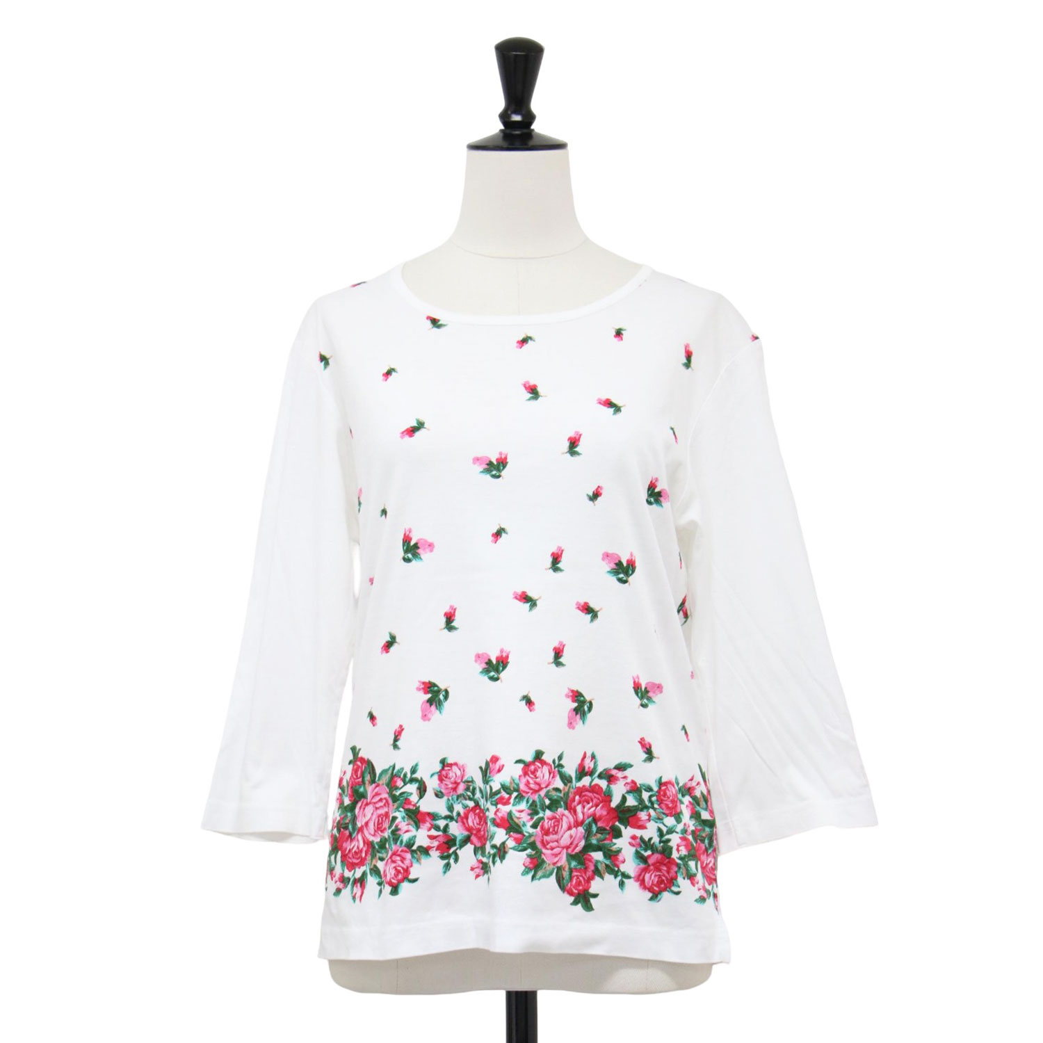 FEILER フェイラー カットソー ホワイト 白 サイズ:M | フラワープリント カットソー / Tシャツ | 7分袖 クルーネック ロゴ 刺繍 コットン | 日本製 | トップス【レディース】【中古】【K4636】