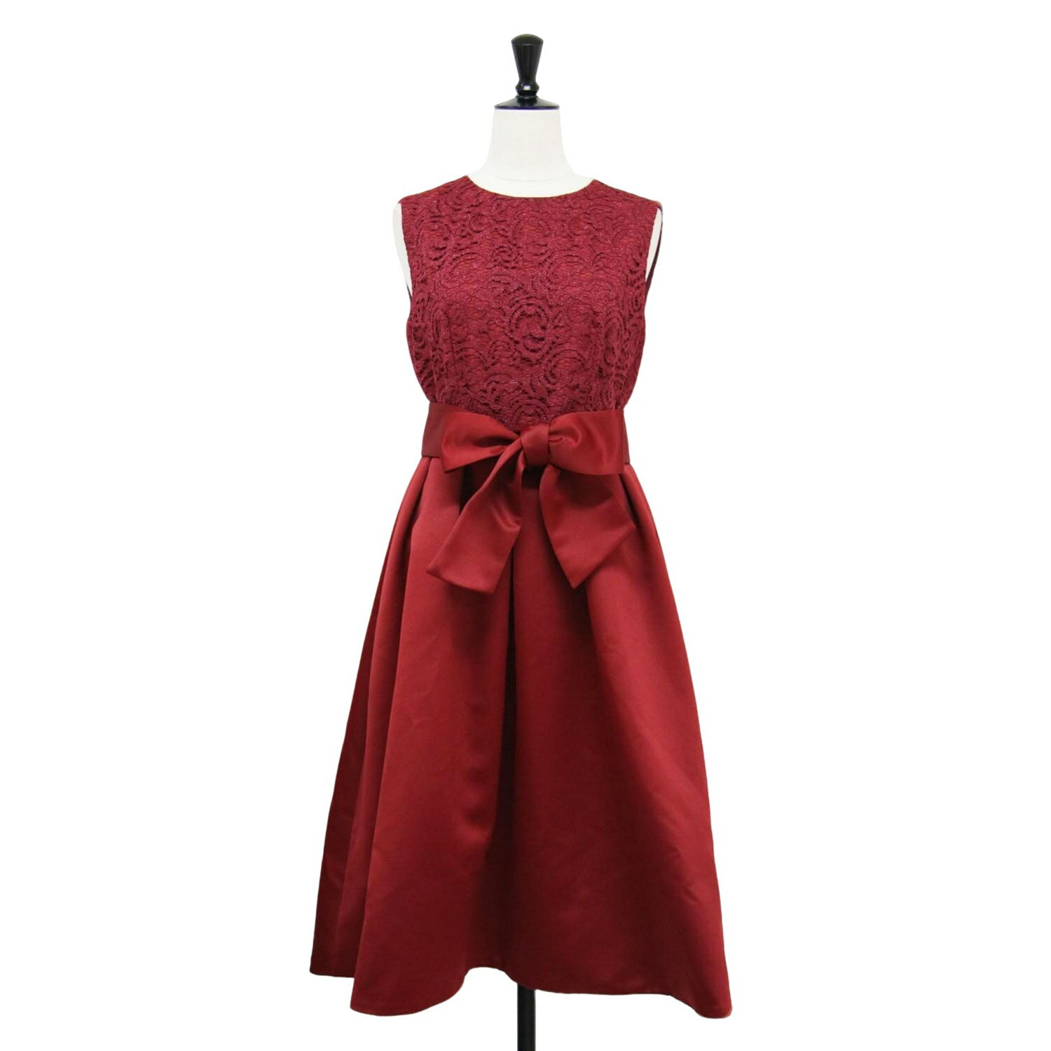 STRAWBERRY-FIELDS ストロベリーフィールズ ドレス レッド | grace レース サテン 切替 ドレス | フォーマル ノースリーブ フレア Aライン タック リボン | 日本製 | トップス ワンピース【レディース】【中古】【K4638】