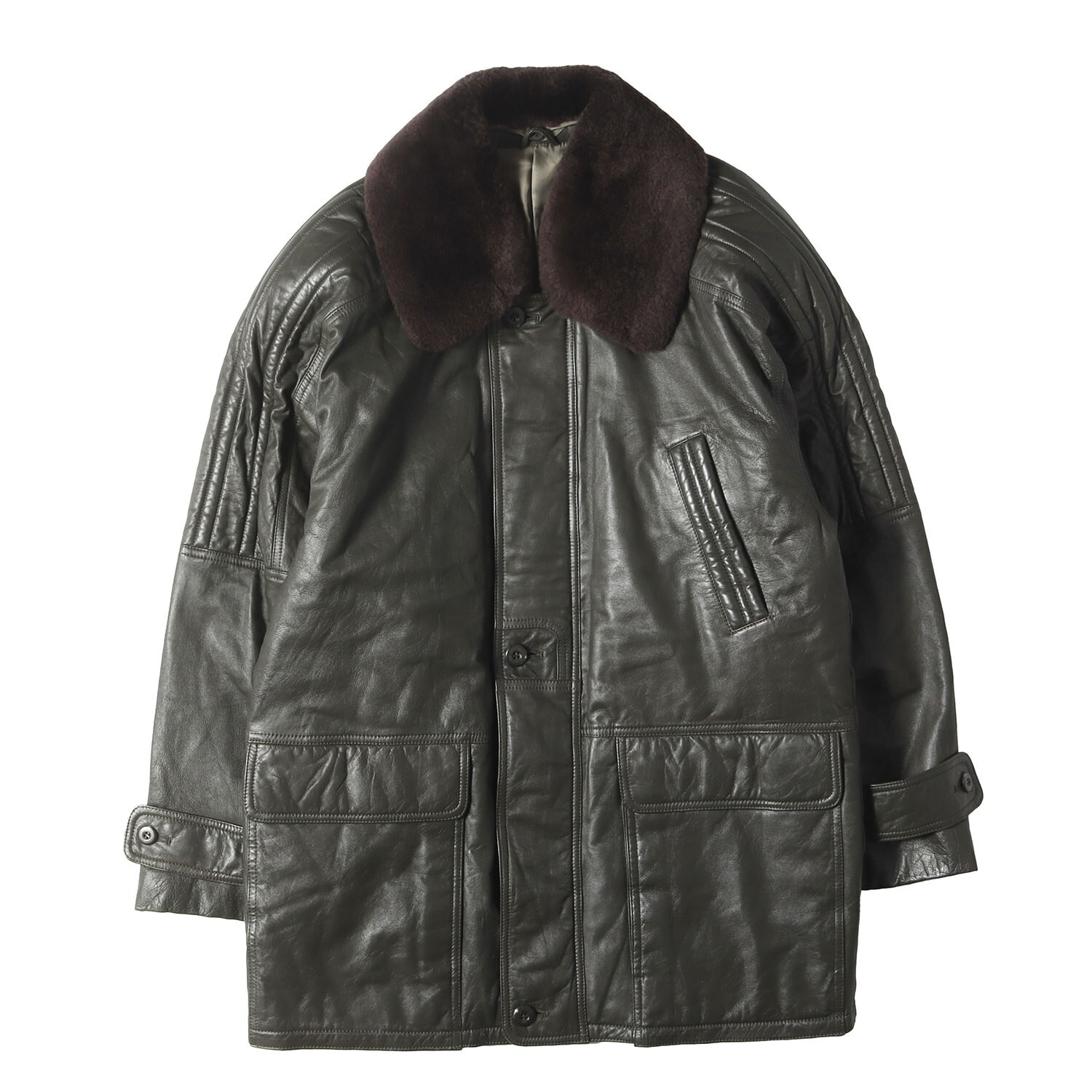 90s - 00s ヴィンテージ古着 コート カーキ サイズ:M | 90s 襟ムートン シープスキンレザー ジップ コート | RAIKA | 日本製 | 90年代 | アウター ジャケット 上着【メンズ】【中古】【K4638】