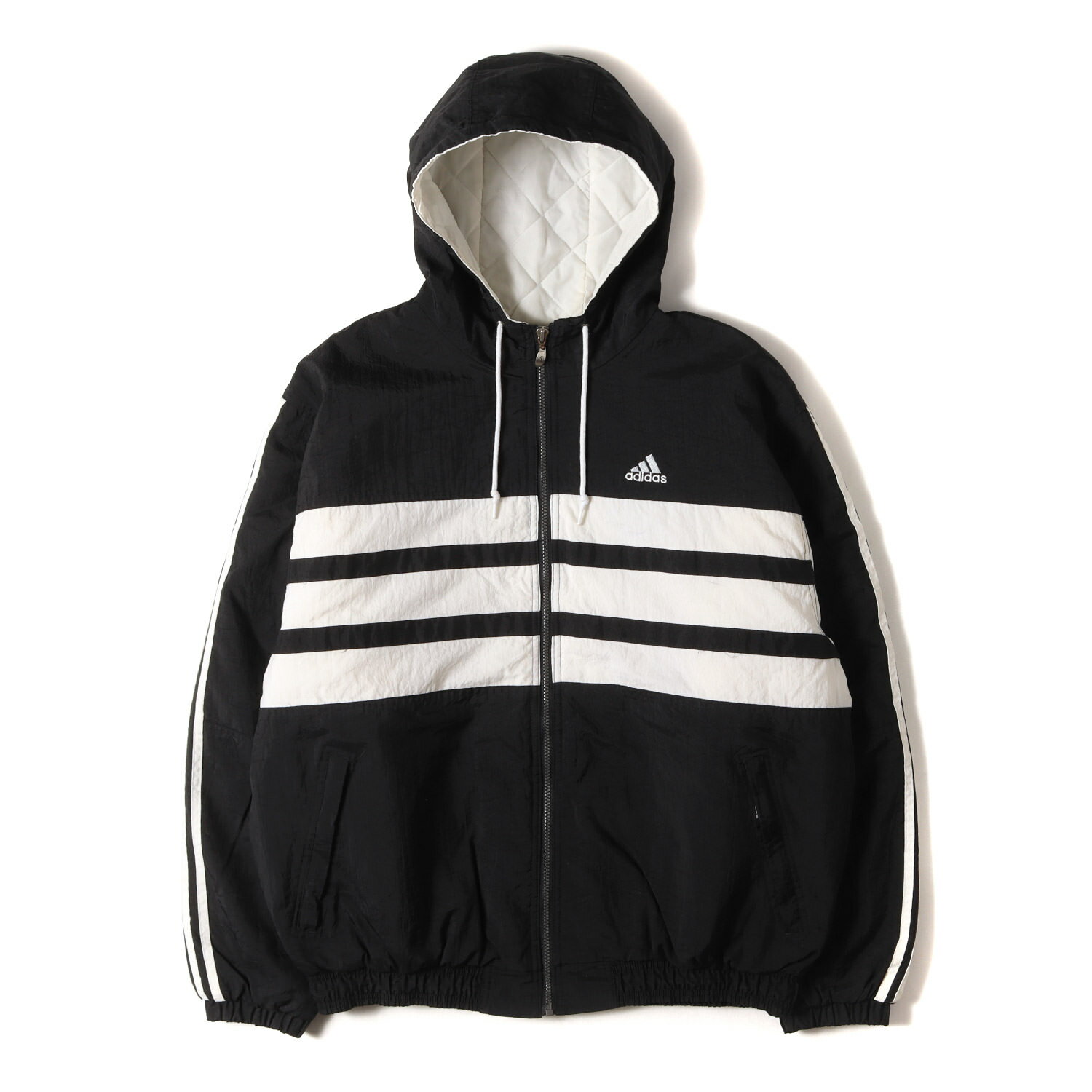 乐天商城 - adidas vintage アディダスヴィンテージ ジャケット ブラック ホワイト 黒白 サイズ:XL | 人気モデル 万国旗タグ | 90s スリーライン ナイロン ジップ フードジャケット | 90年代 古着 | アウター ブルゾン 上着【メンズ】【中古】【K4746】