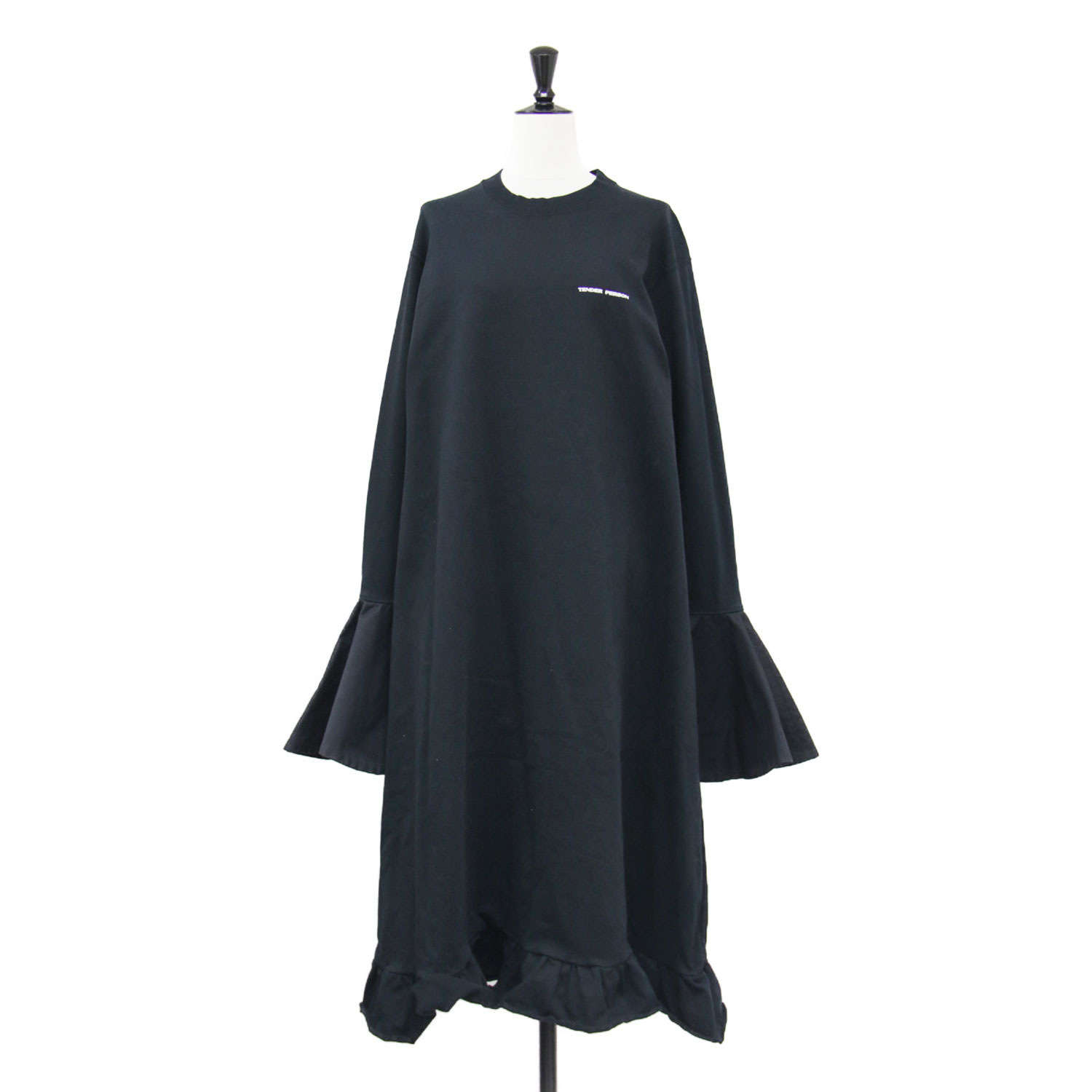 乐天商城 - TENDER PERSON テンダーパーソン ワンピース ブラック 黒 サイズ:2(M) | フレアスリーブ ロング ワンピース | Tシャツ 長袖 クルーネック Aラインフリル コットン | 日本製 | トップス ドレス【レディース】【中古】【K4752】