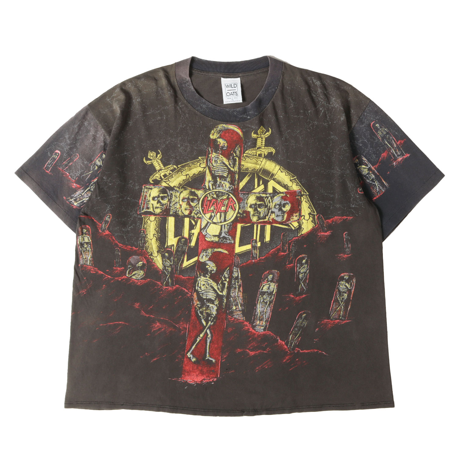 乐天商城 - Vintage Music Item ヴィンテージミュージック | 雰囲気抜群 | 90s SLAYER スレイヤー オールオーバー Tシャツ / USA製 WILD OATS | ブラック 黒 サイズ:XL | 90年代 ロックT バンドT メタルT【メンズ】【中古】【K4837】