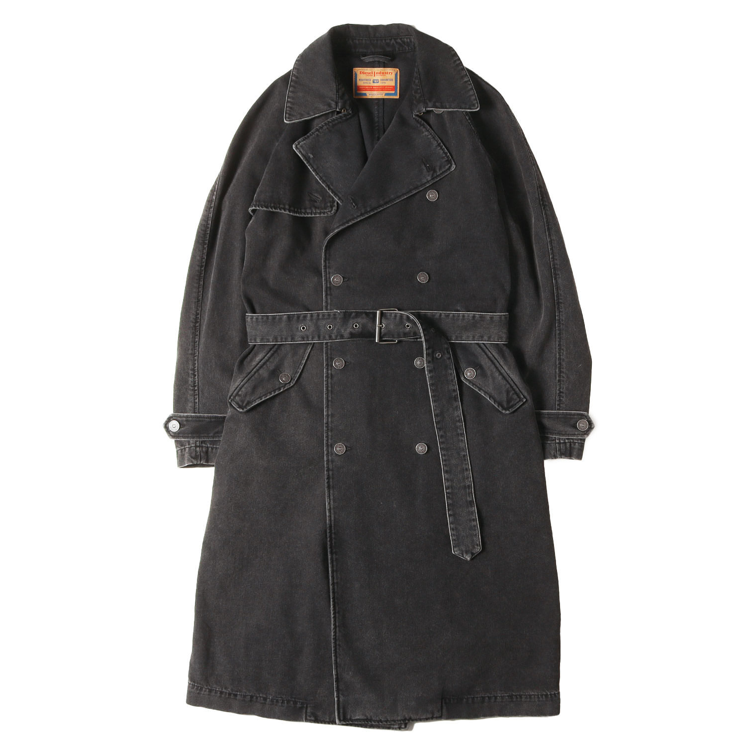 DIESEL ディーゼル コート ブラック 黒 サイズ:L | ウォッシュデニム ダブルブレスト ロング トレンチコート (D-DELIRIOUS) | アウター ジャケット 上着【メンズ】【中古】【K4761】